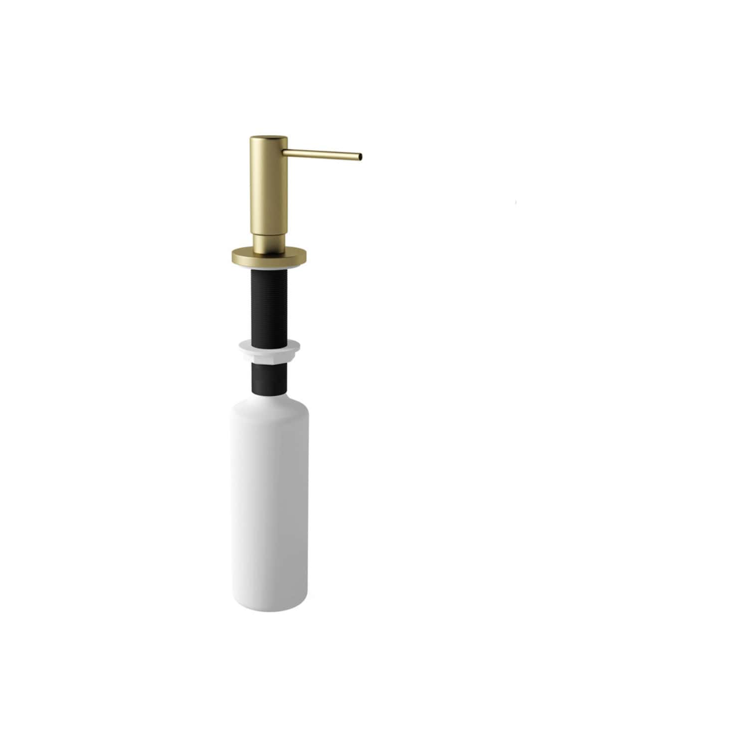 Brass and black bathroom sink faucet with elegant modern design, white soap dispenser bottle, and minimalist accessories for contemporary bathroom decor.