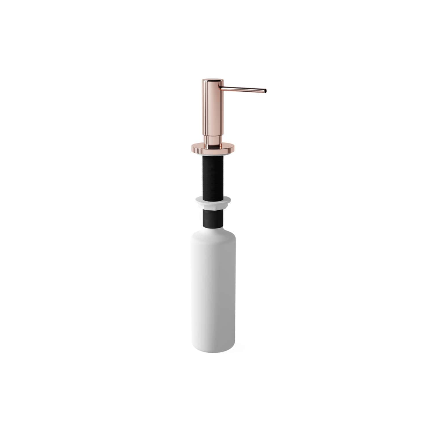 Elegance rose gold soap dispenser with black pump and white bottle, perfect for modern bathroom decor and hygiene needs.