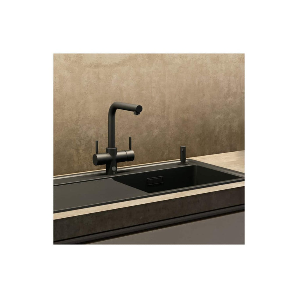 Sleek black modern kitchen sink with matte finish and contemporary black faucet, set against a textured beige backsplash, perfect for stylish and functional kitchen design.