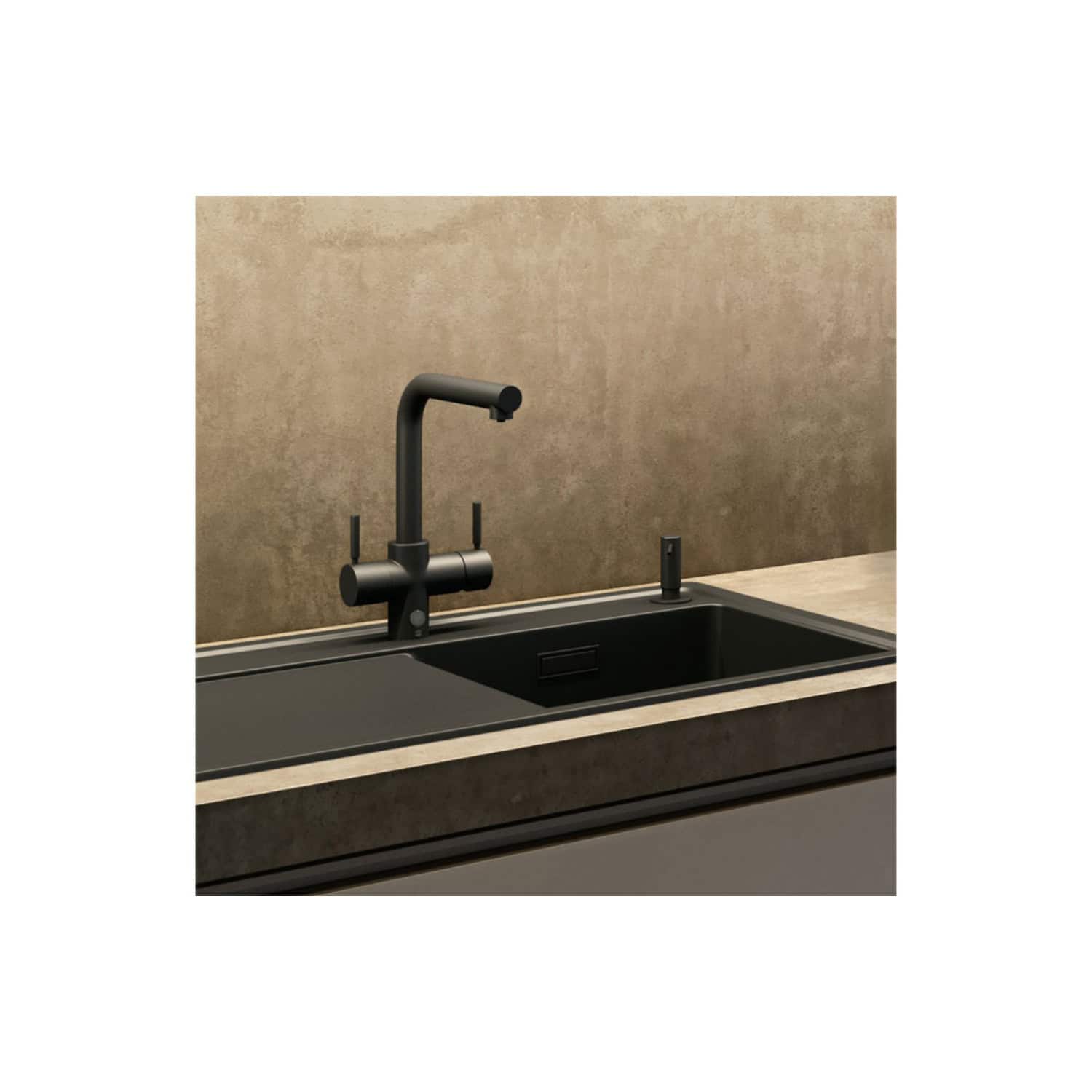 Sleek black modern kitchen sink with matte finish and contemporary black faucet, set against a textured beige backsplash, perfect for stylish and functional kitchen design.