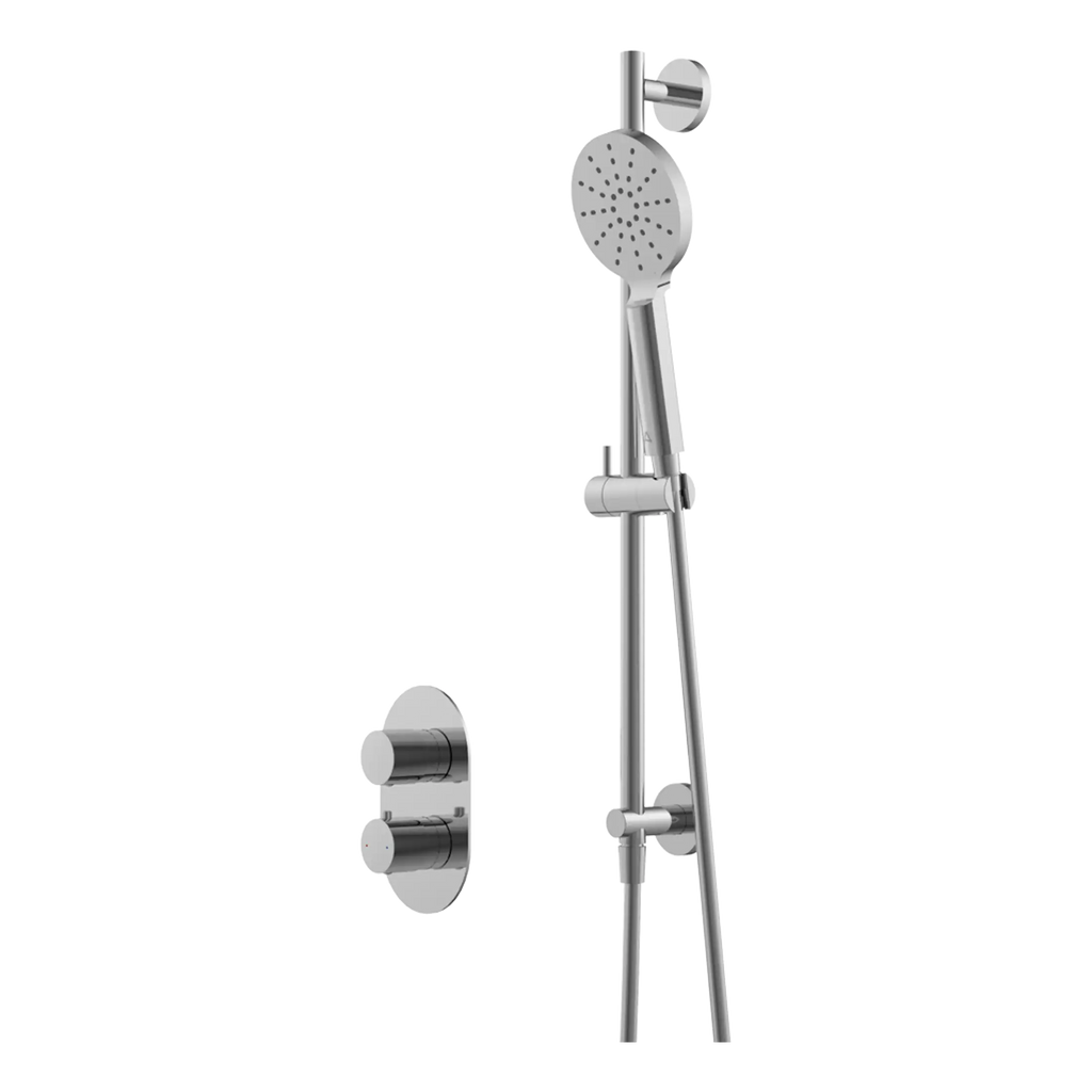 Sleek modern bathroom shower system with hand-held showerhead, temperature controls, and wall-mounted fixtures, designed for stylish and functional bathroom renovation by Bubly Bathrooms.