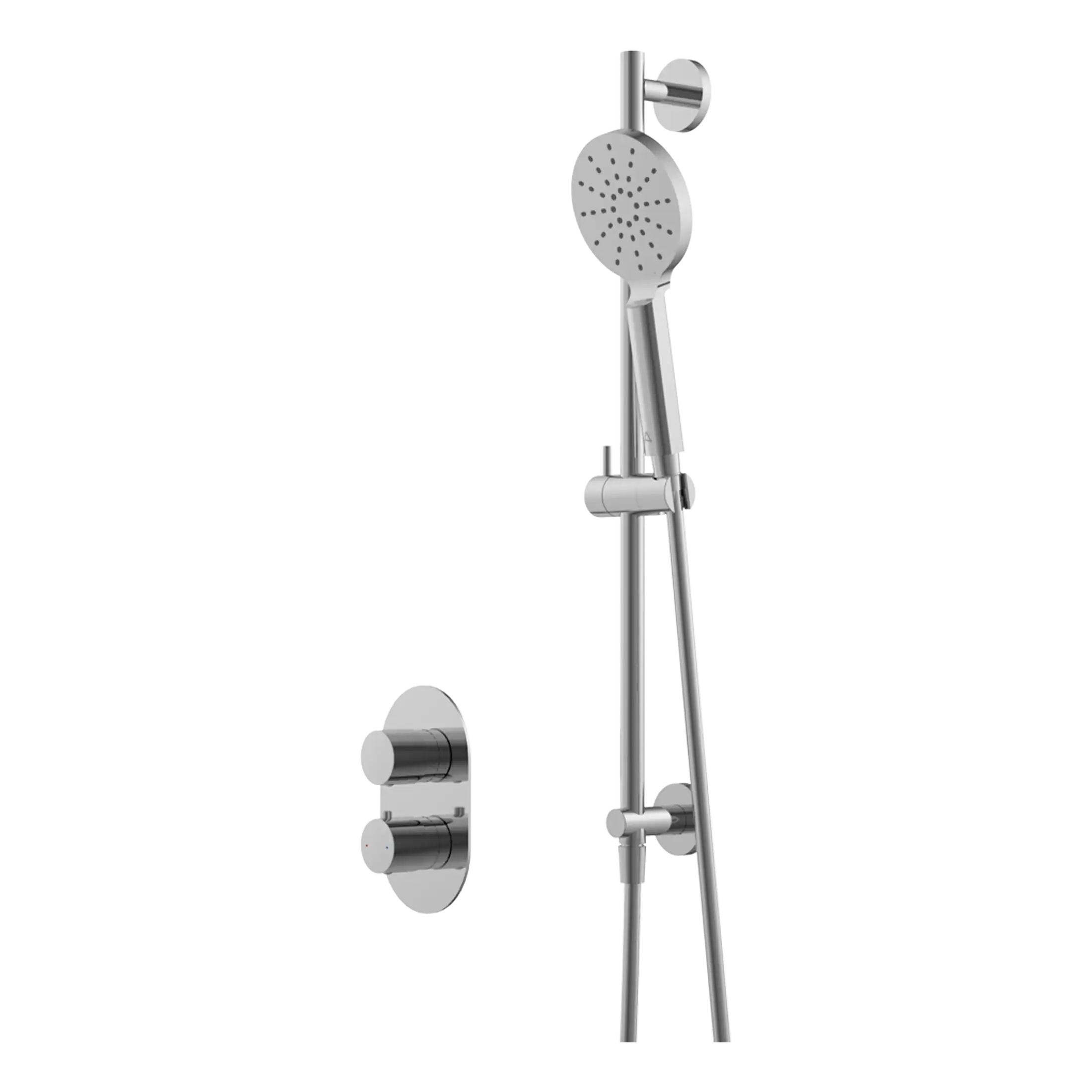 Sleek modern bathroom shower system with hand-held showerhead, temperature controls, and wall-mounted fixtures, designed for stylish and functional bathroom renovation by Bubly Bathrooms.