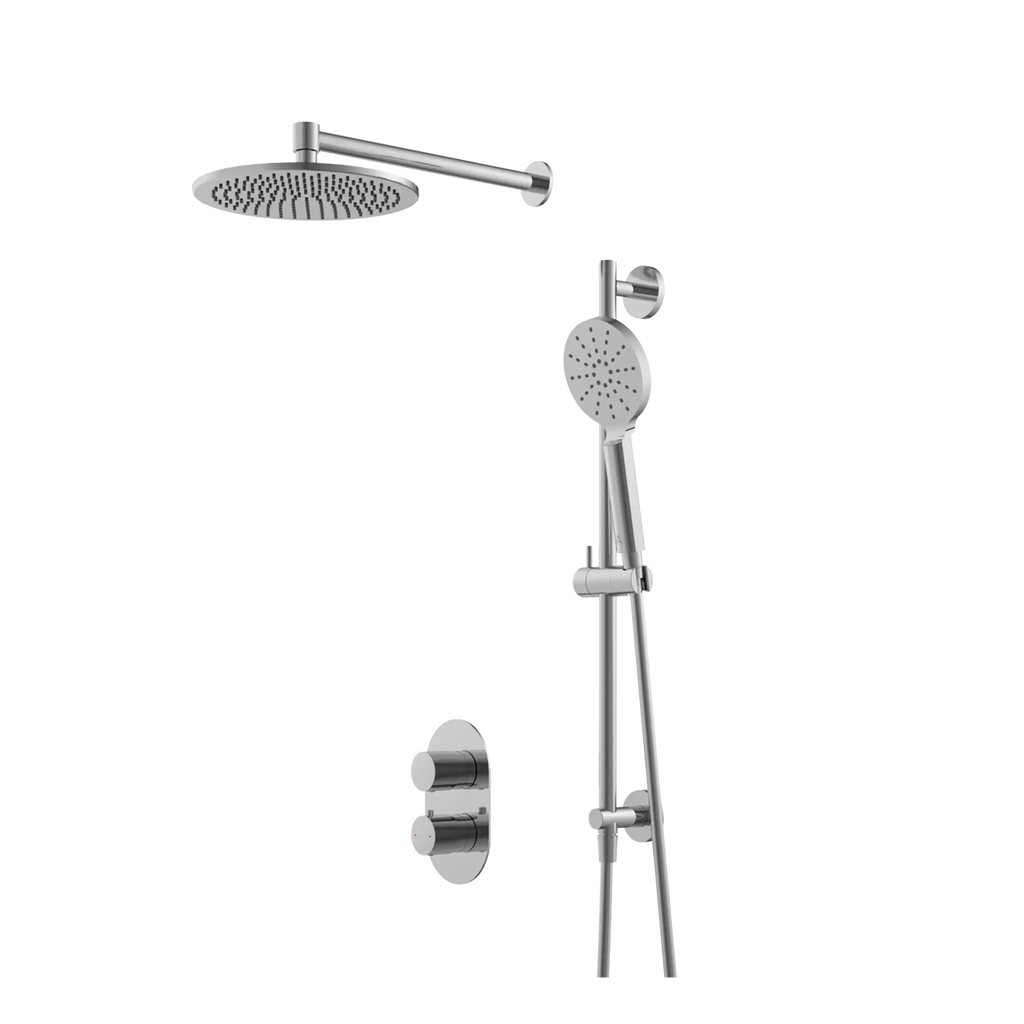 High-quality chrome shower system with adjustable hand shower and rainfall overhead shower, designed for modern bathroom renovations and luxury shower experiences.