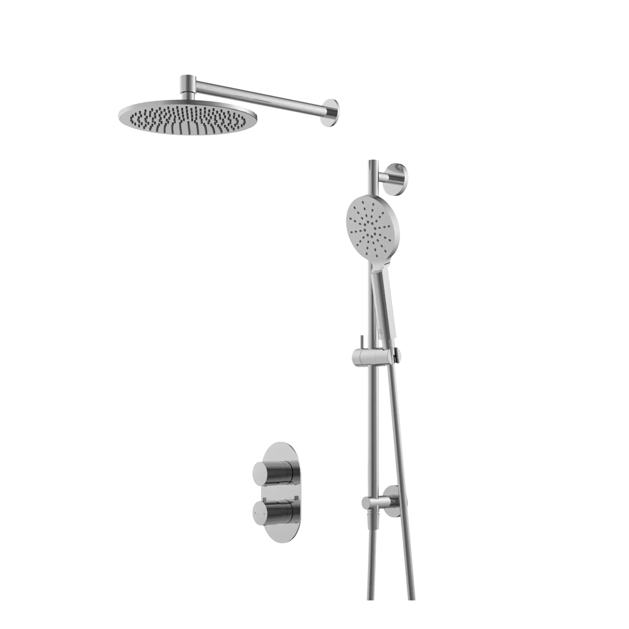 High-quality chrome shower system with adjustable hand shower and rainfall overhead shower, designed for modern bathroom renovations and luxury shower experiences.
