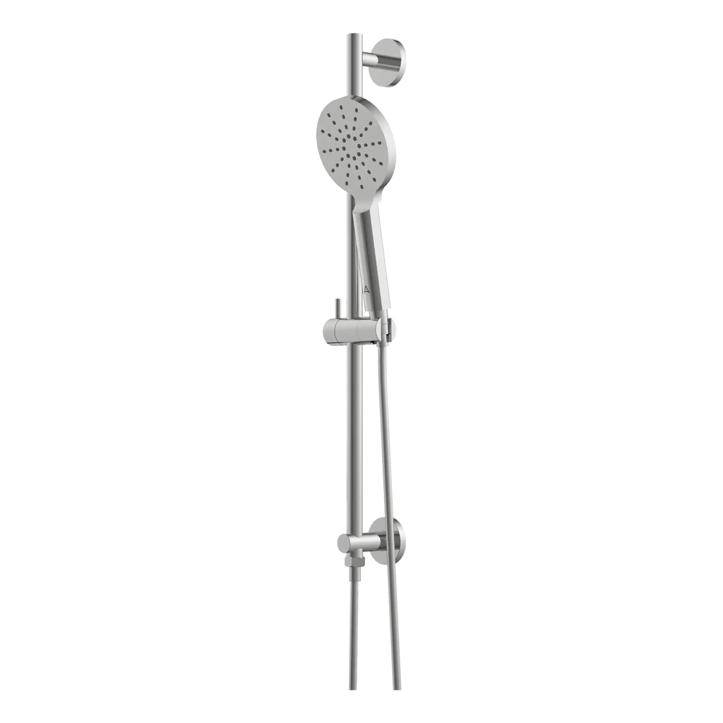 Shower head and rail system with adjustable handheld shower in modern bathroom setup. Featuring sleek chrome finish and multi-function spray for a luxurious bathing experience.