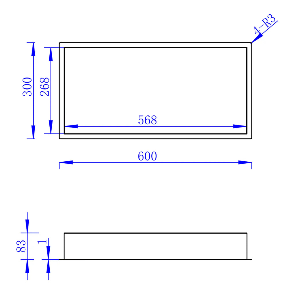 Aluminium shower tray dimensions with technical specifications for custom bathroom installations.