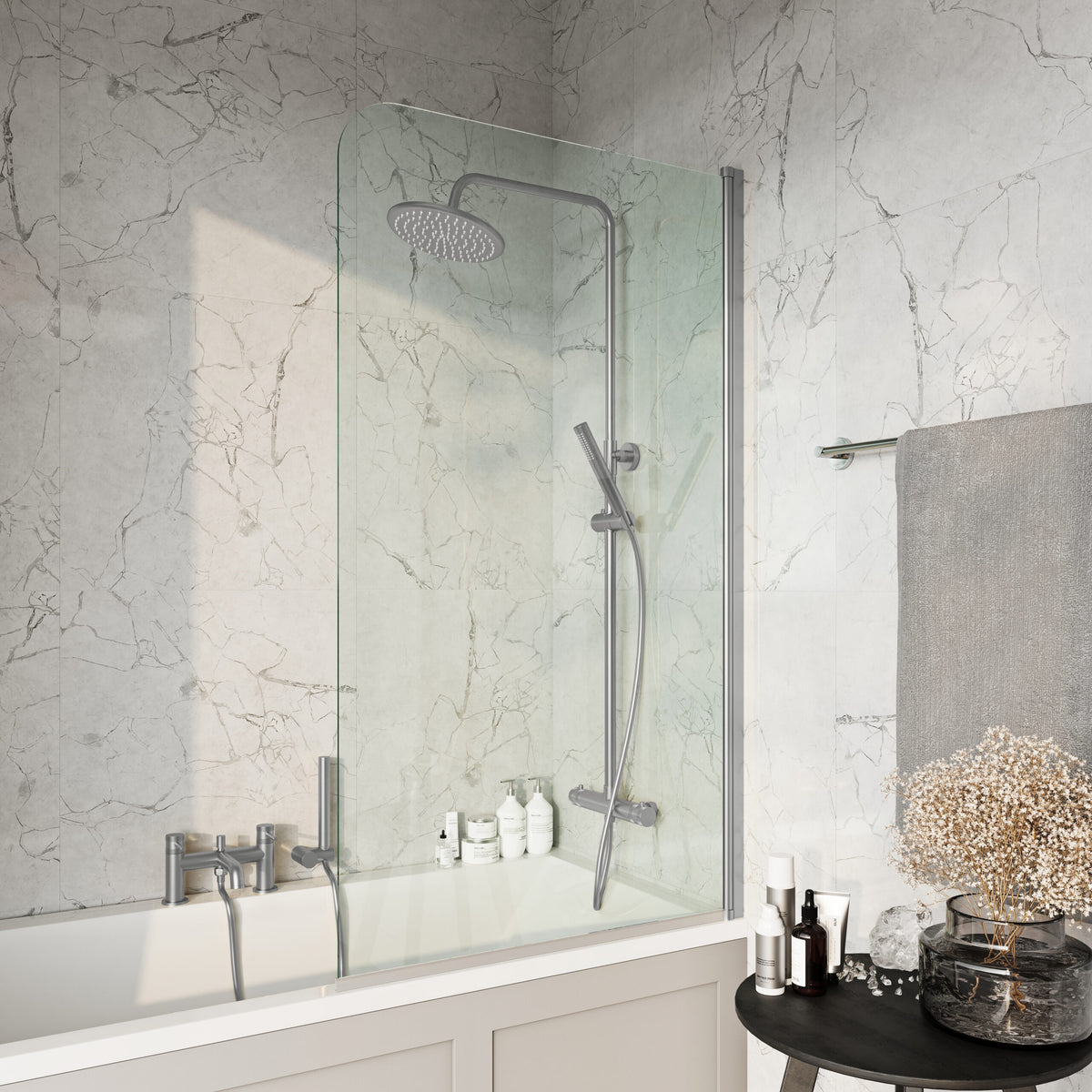 Scudo Radius Bath Screen 800 x 1400mm - Brushed Nickel