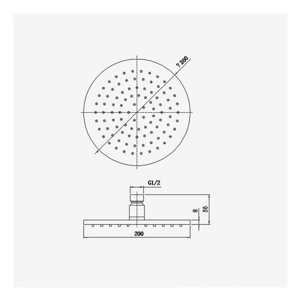 Round shower head with multiple nozzles, 200mm diameter, chrome finish, and adjustable mount. Ideal for modern bathrooms, providing a relaxed and convenient shower experience.
