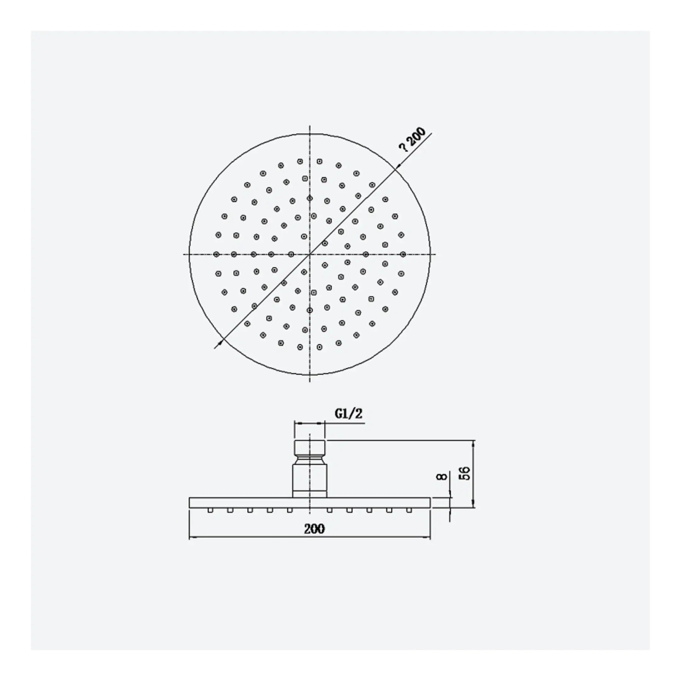 Round shower head with multiple nozzles, 200mm diameter, chrome finish, and adjustable mount. Ideal for modern bathrooms, providing a relaxed and convenient shower experience.