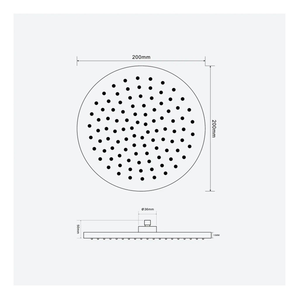 Round shower head with adjustable water flow, 200mm diameter, featuring multiple spray nozzles, chrome finish, and easy wall mounting for modern bathrooms.