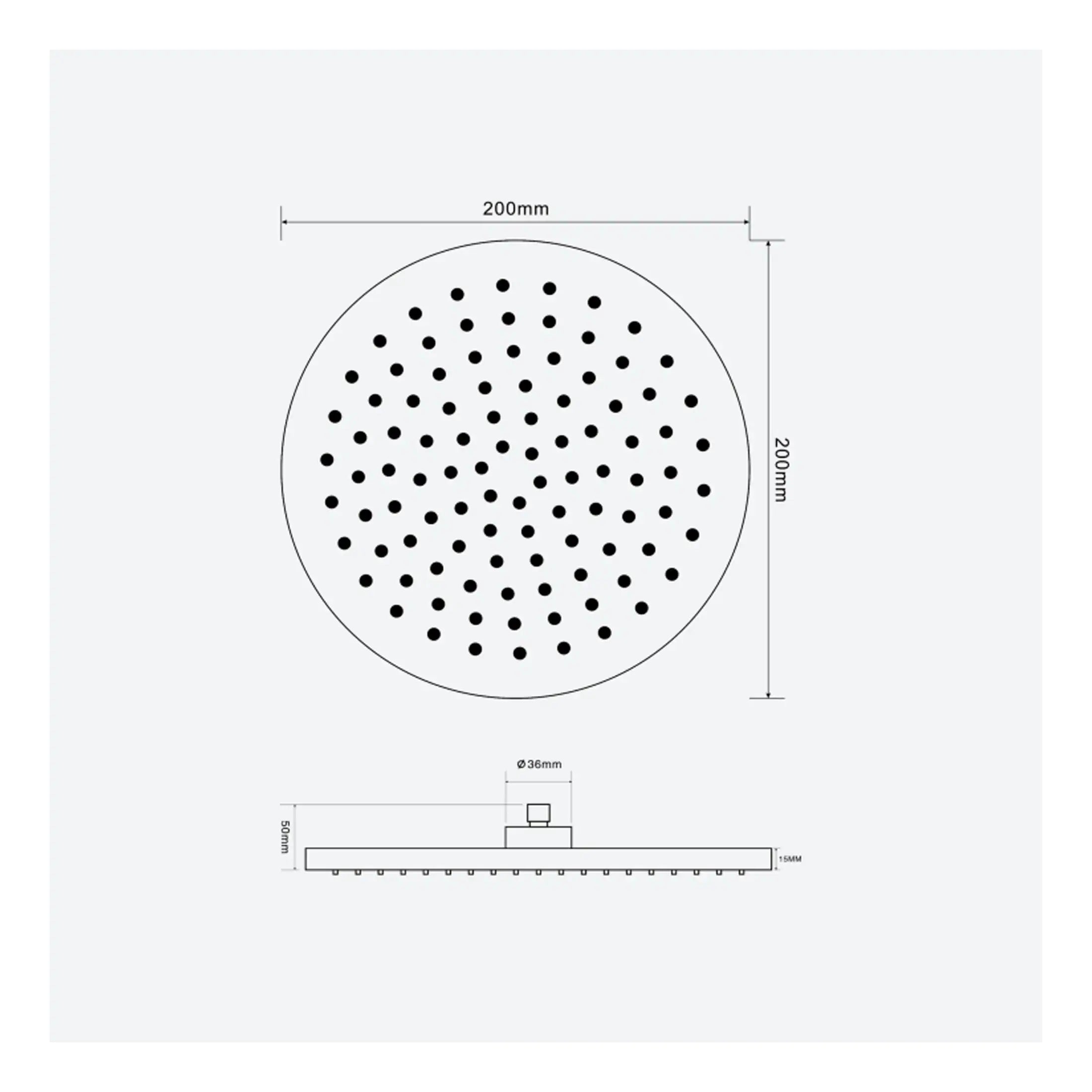 Round shower head with adjustable water flow, 200mm diameter, featuring multiple spray nozzles, chrome finish, and easy wall mounting for modern bathrooms.