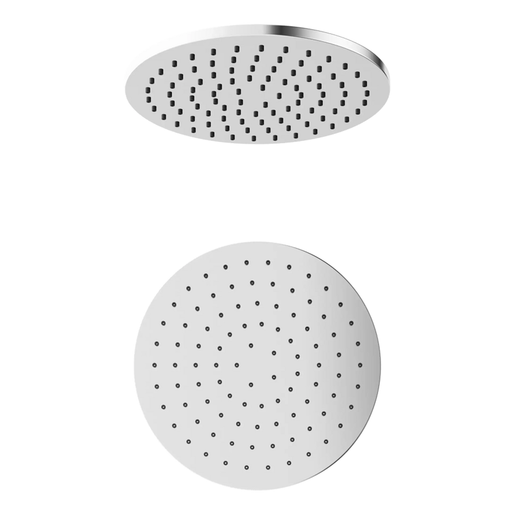 Showerhead with adjustable spray settings, modern bathroom fixture, chrome finish, over-head rainfall shower head for luxurious shower experience, Bubly Bathrooms.