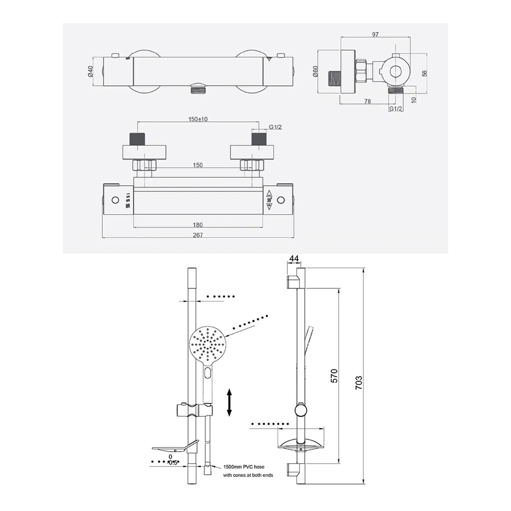 Wall-mounted shower valve and hand shower with precise technical drawings and measurements for bathroom installation.