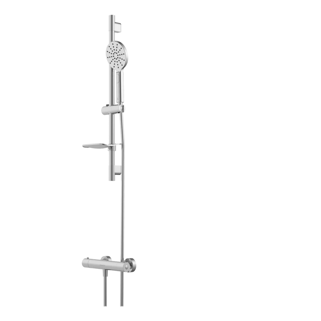 Shower panel with adjustable showerhead and storage shelves for modern bathroom design.