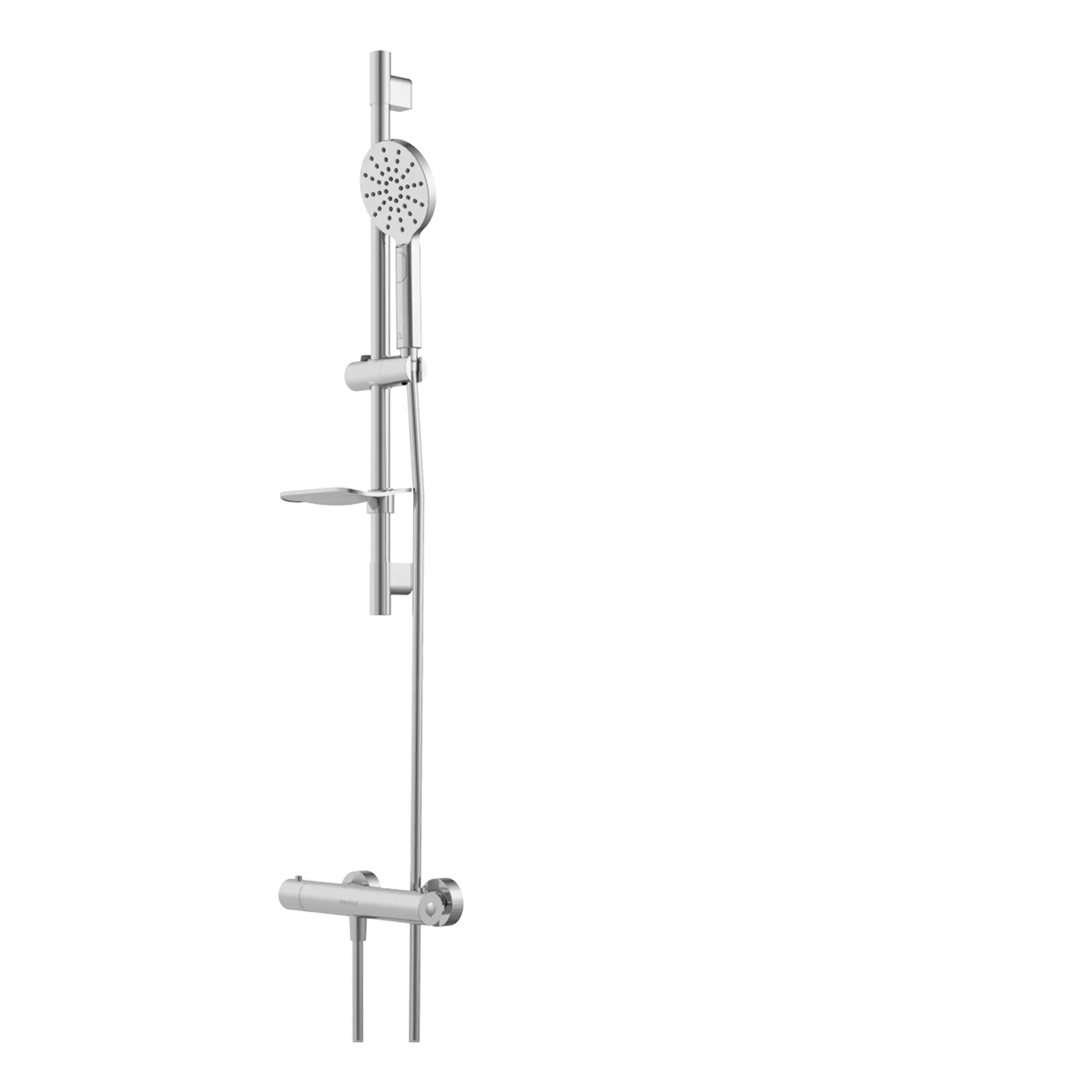 Shower panel with adjustable showerhead and storage shelves for modern bathroom design.