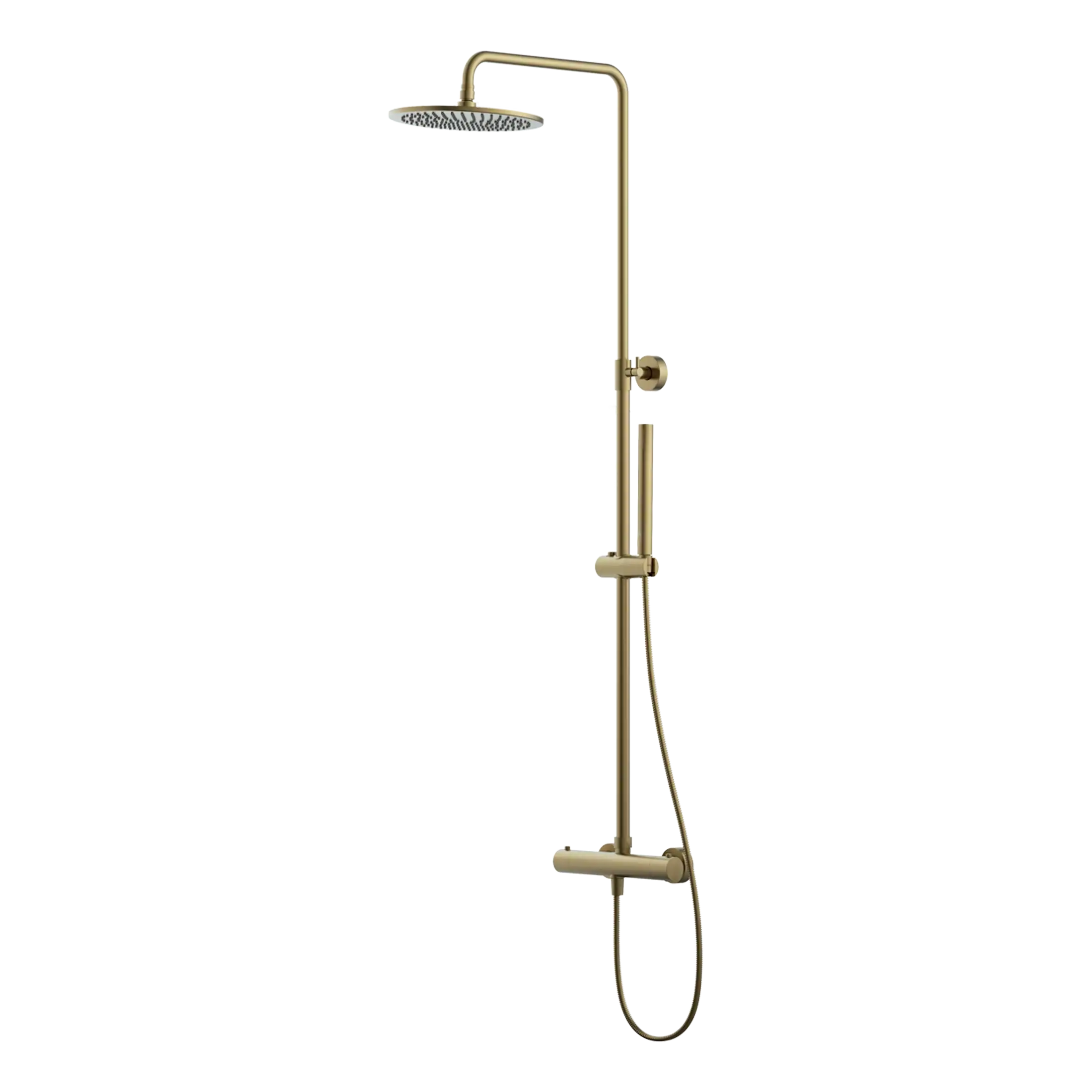 Shower panel with gold fixtures and adjustable head, modern bathroom design by Bubly Bathrooms. Perfect for luxury bathrooms, featuring a rain shower and handheld shower for a versatile shower experience.