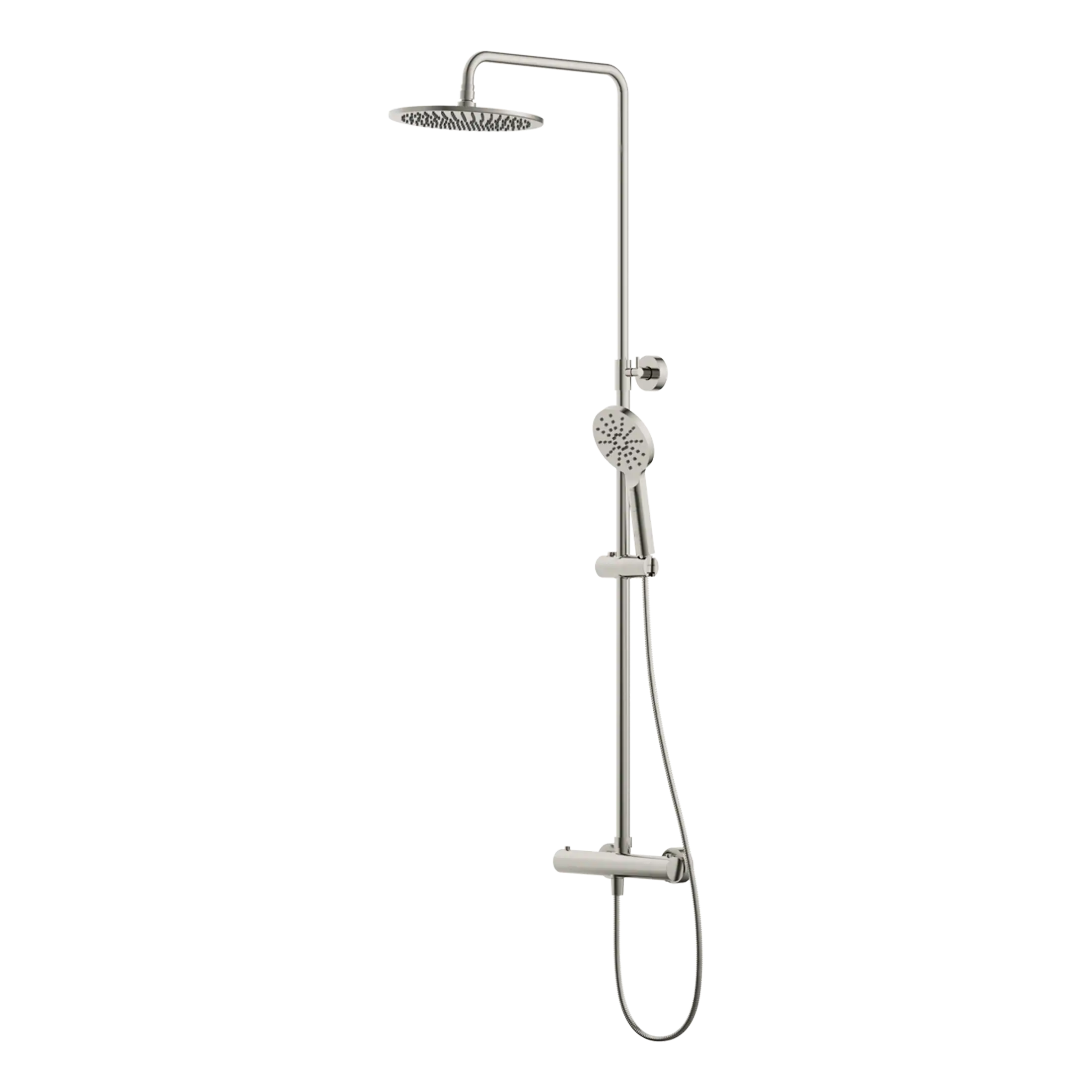 Sleek modern shower panel with adjustable handheld shower head, rainfall overhead shower, and safety grab bar, ideal for contemporary bathroom upgrades and accessible shower solutions.