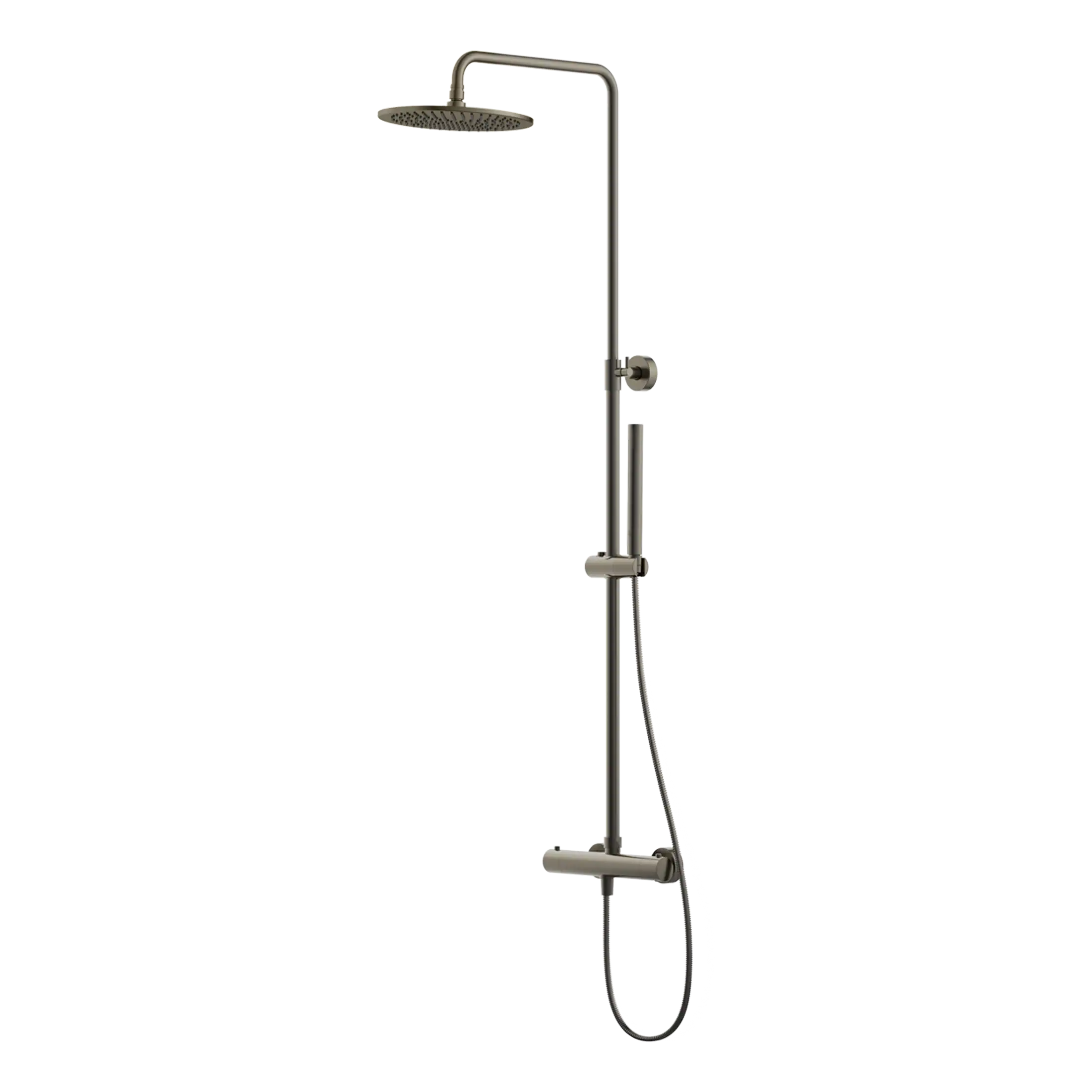 Curved metallic shower screen with built-in shower head and adjustable hand shower, ideal for modern bathroom designs, providing both functionality and sleek aesthetics.