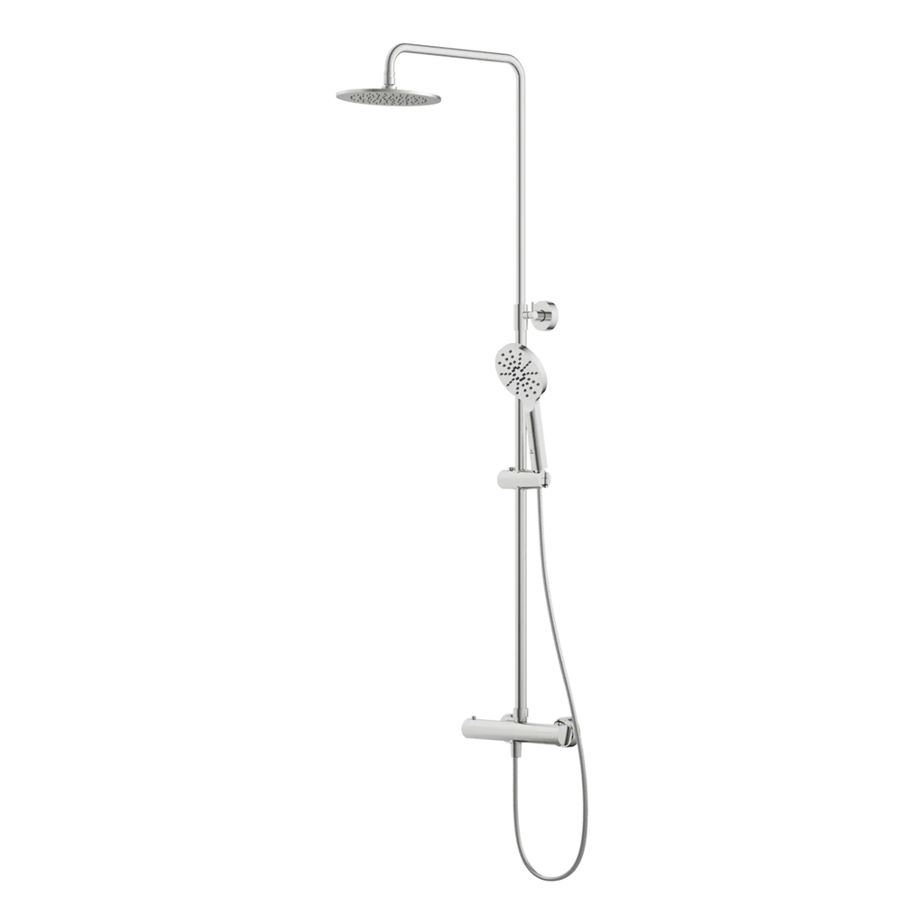Modern chrome shower panel with overhead rain shower, handheld showerhead, and adjustable body jets for luxury bathroom upgrades.