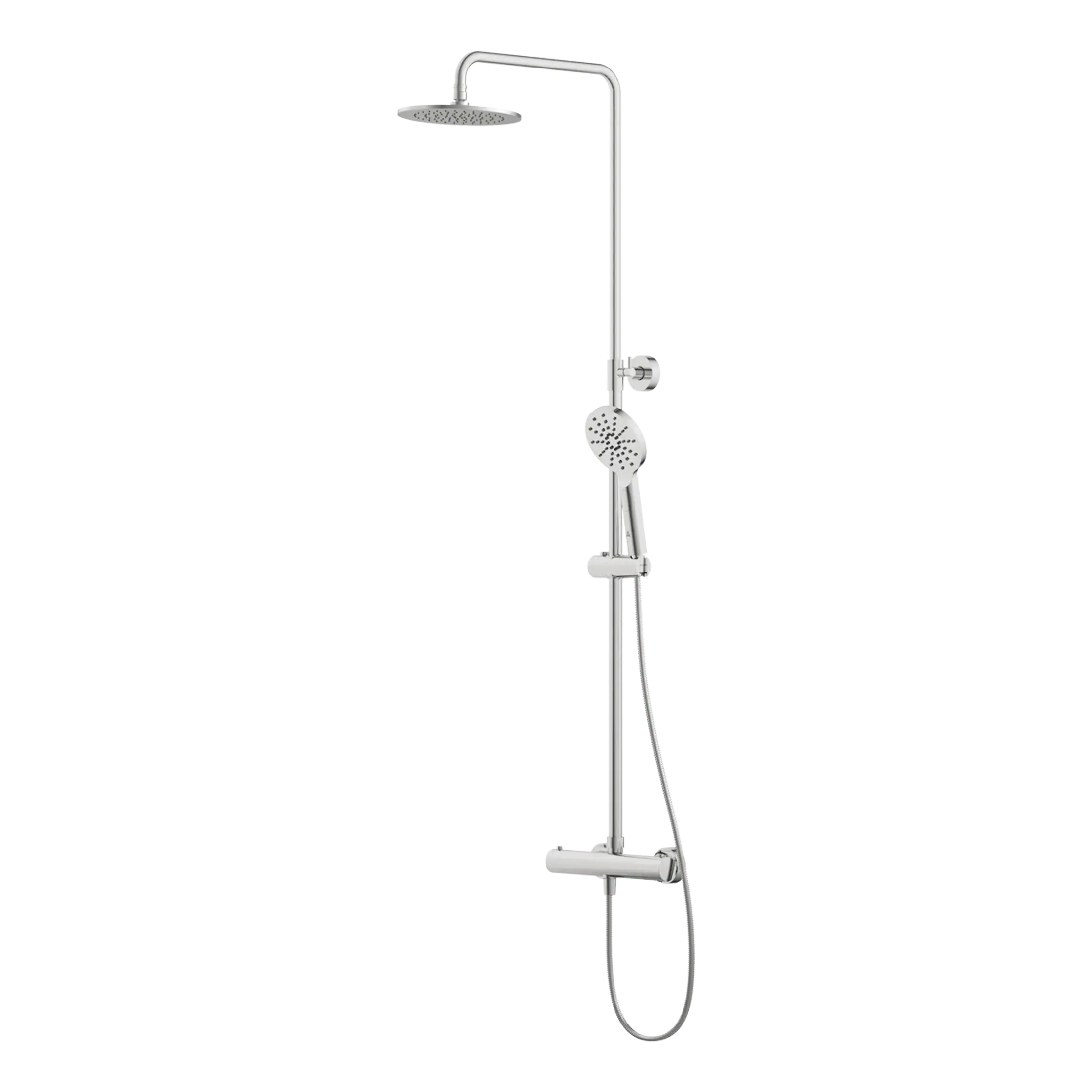 Modern chrome shower panel with overhead rain shower, handheld showerhead, and adjustable body jets for luxury bathroom upgrades.
