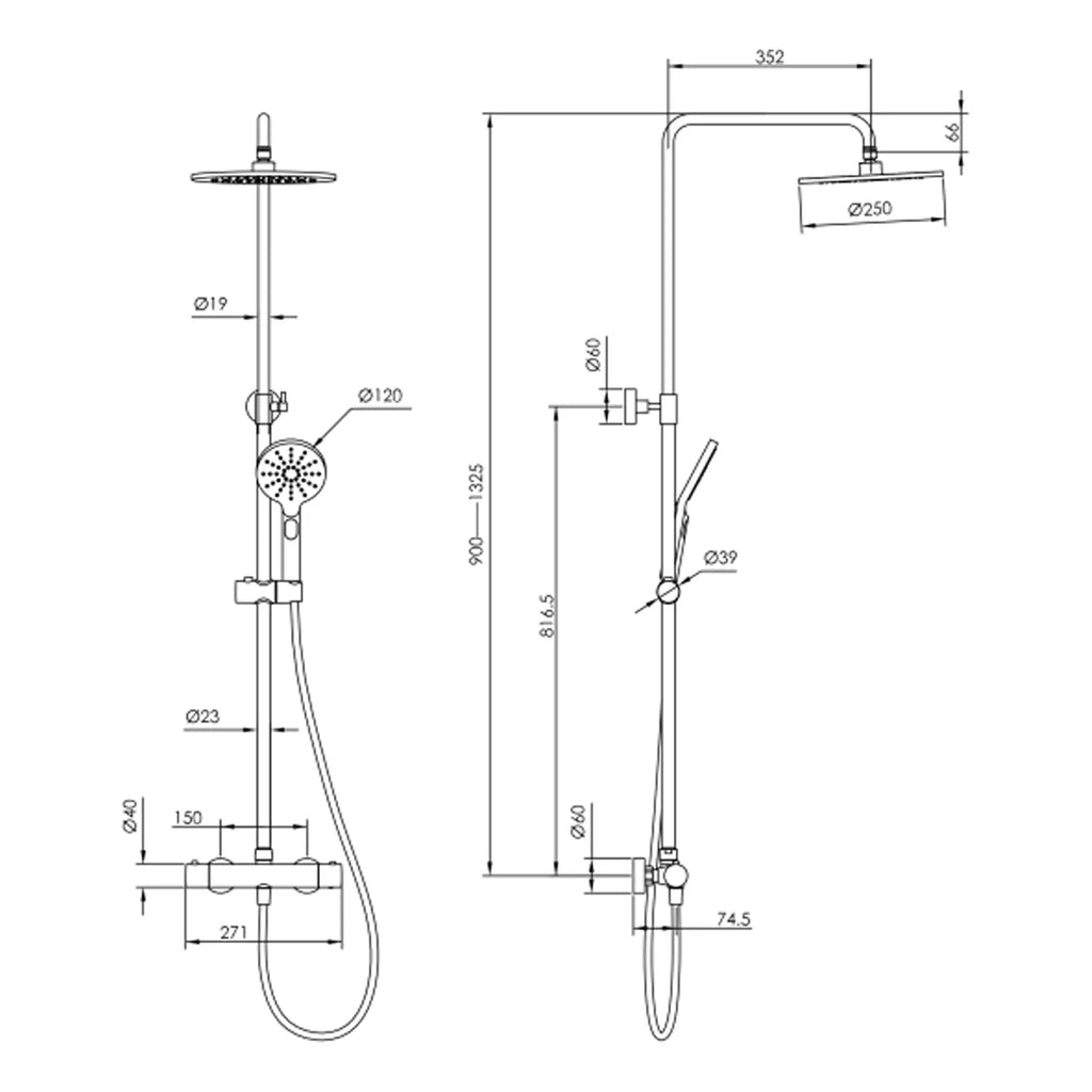 High-quality shower system diagram showing dimensions and components from Bubly Bathrooms for bespoke bathroom installations in the UK.