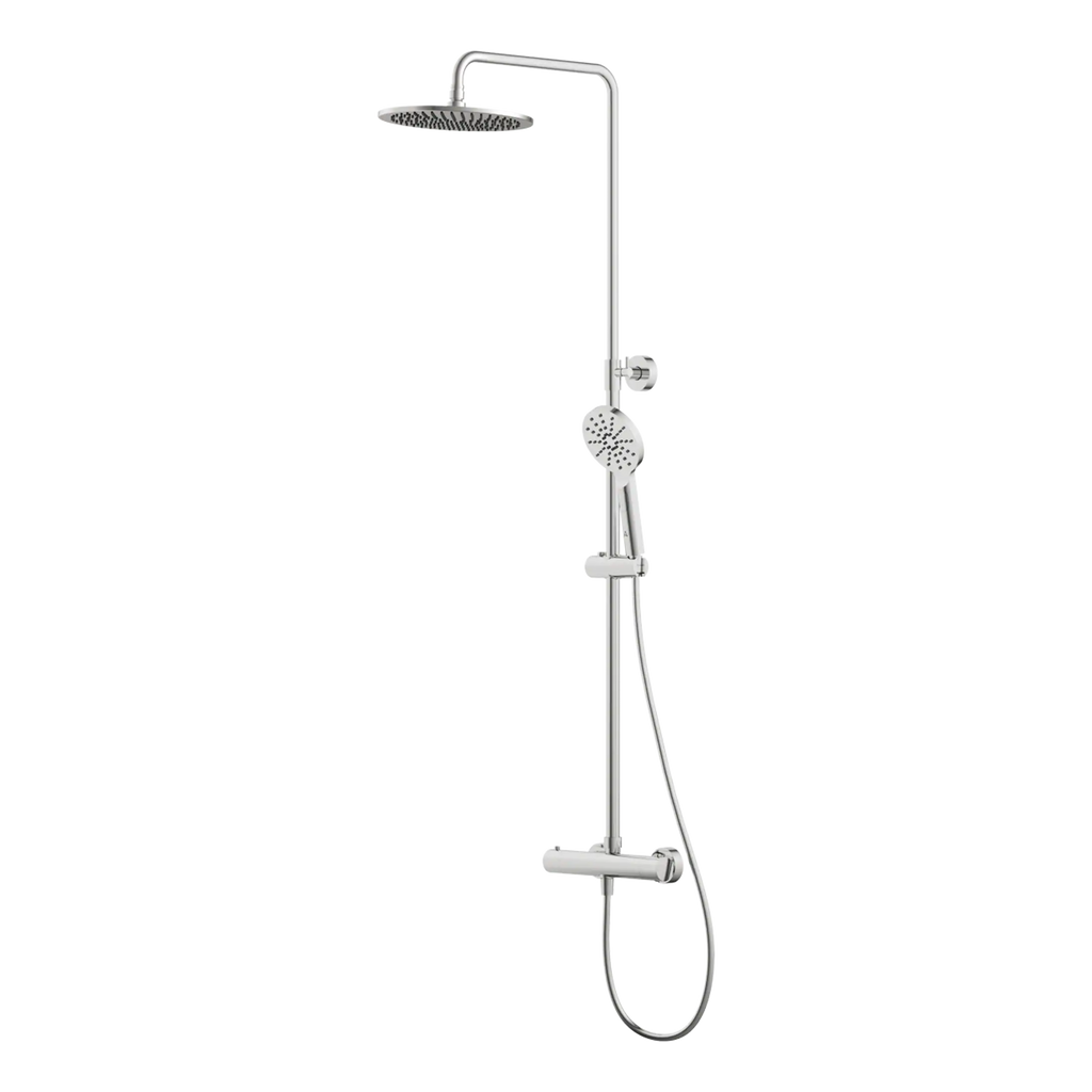Chrome shower panel with overhead rain shower and handheld shower head, ideal for modern bathroom bathrooms. Perfect for stylish and functional bathroom upgrades. Suitable for home or commercial bathrooms.