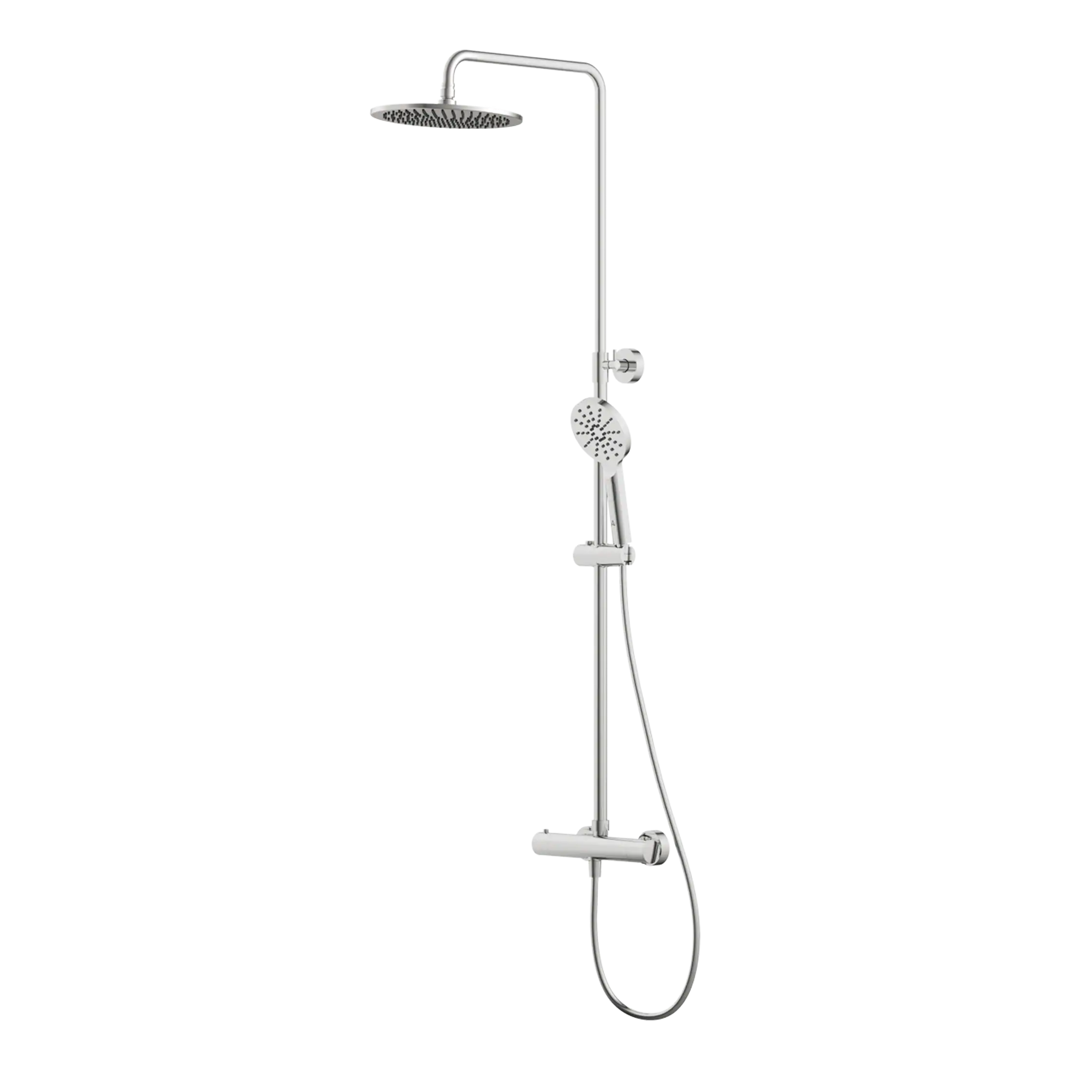 Chrome shower panel with overhead rain shower and handheld shower head, ideal for modern bathroom bathrooms. Perfect for stylish and functional bathroom upgrades. Suitable for home or commercial bathrooms.