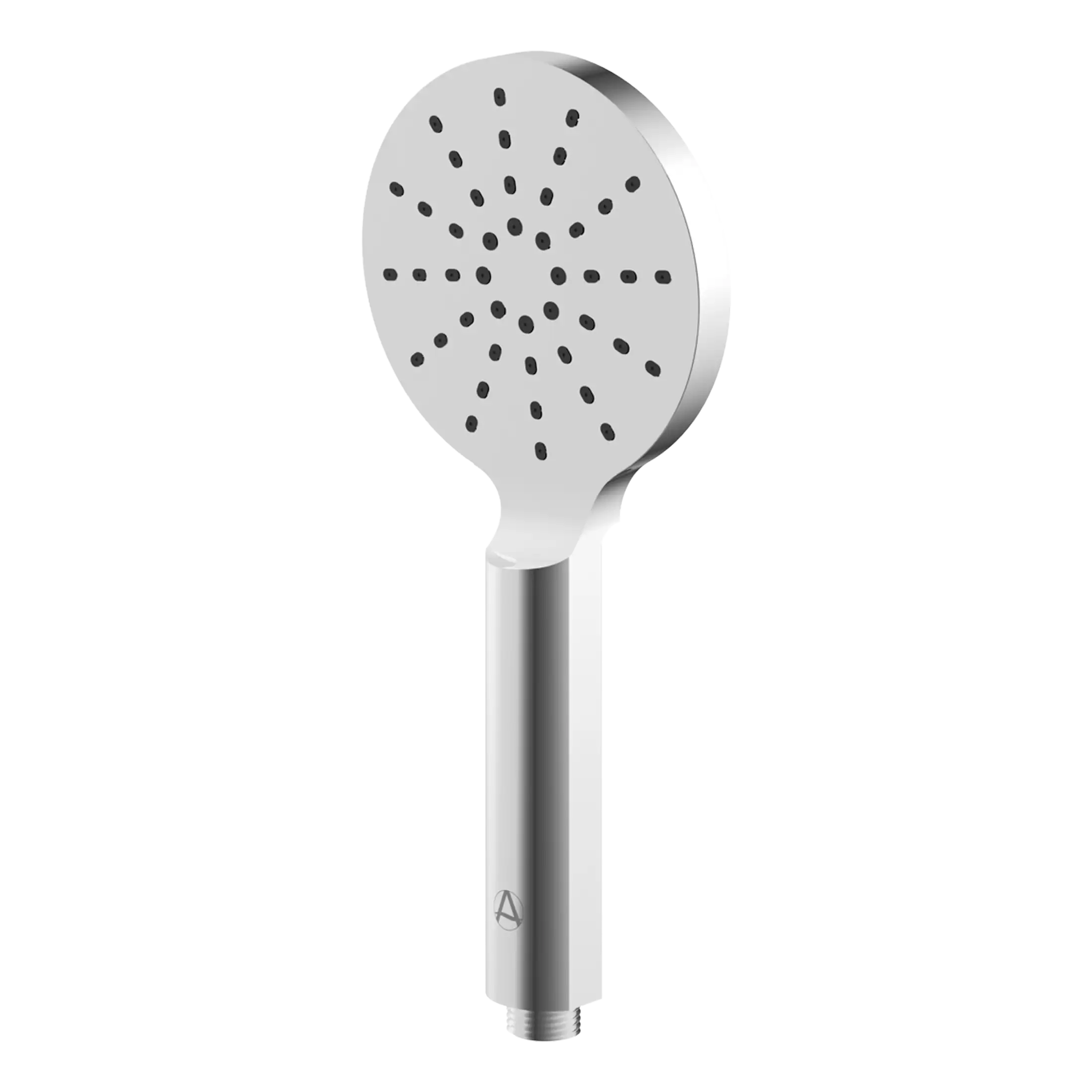 Shower head in sleek silver finish with evenly dispersed spray holes, ideal for modern bathroom designs. Perfect for enhancing your shower experience.
