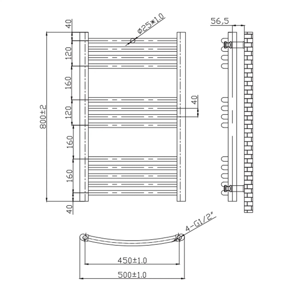 High-quality bathroom radiator with detailed technical drawing, featuring multiple horizontal bars, dimensions, and mounting specifications, ideal for modern bathroom heating solutions.