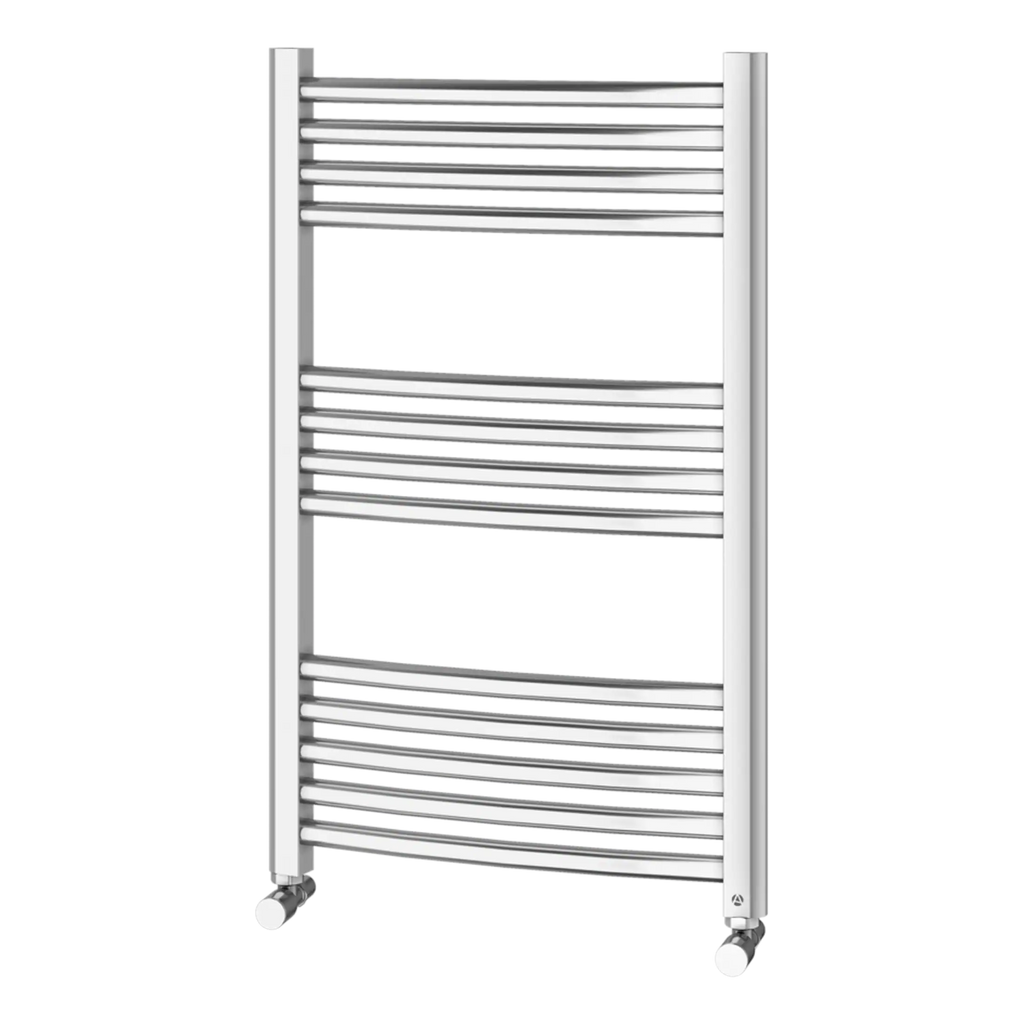Polished chrome towel radiator with multiple horizontal bars, ideal for modern bathrooms. Features a sleek, contemporary design with easy-to-mount wheels for portability and efficient heat distribution.
