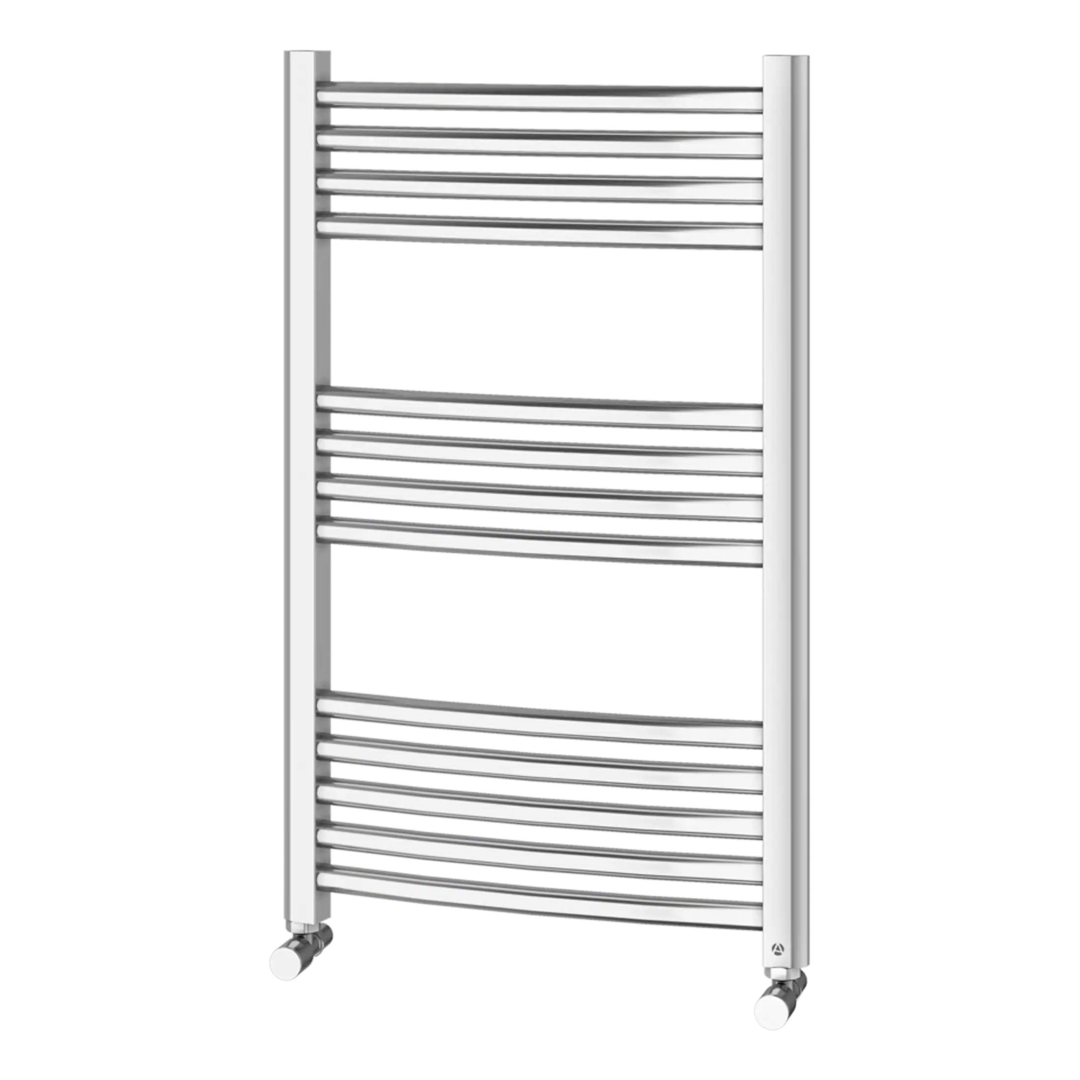 Polished chrome towel radiator with multiple horizontal bars, ideal for modern bathrooms. Features a sleek, contemporary design with easy-to-mount wheels for portability and efficient heat distribution.