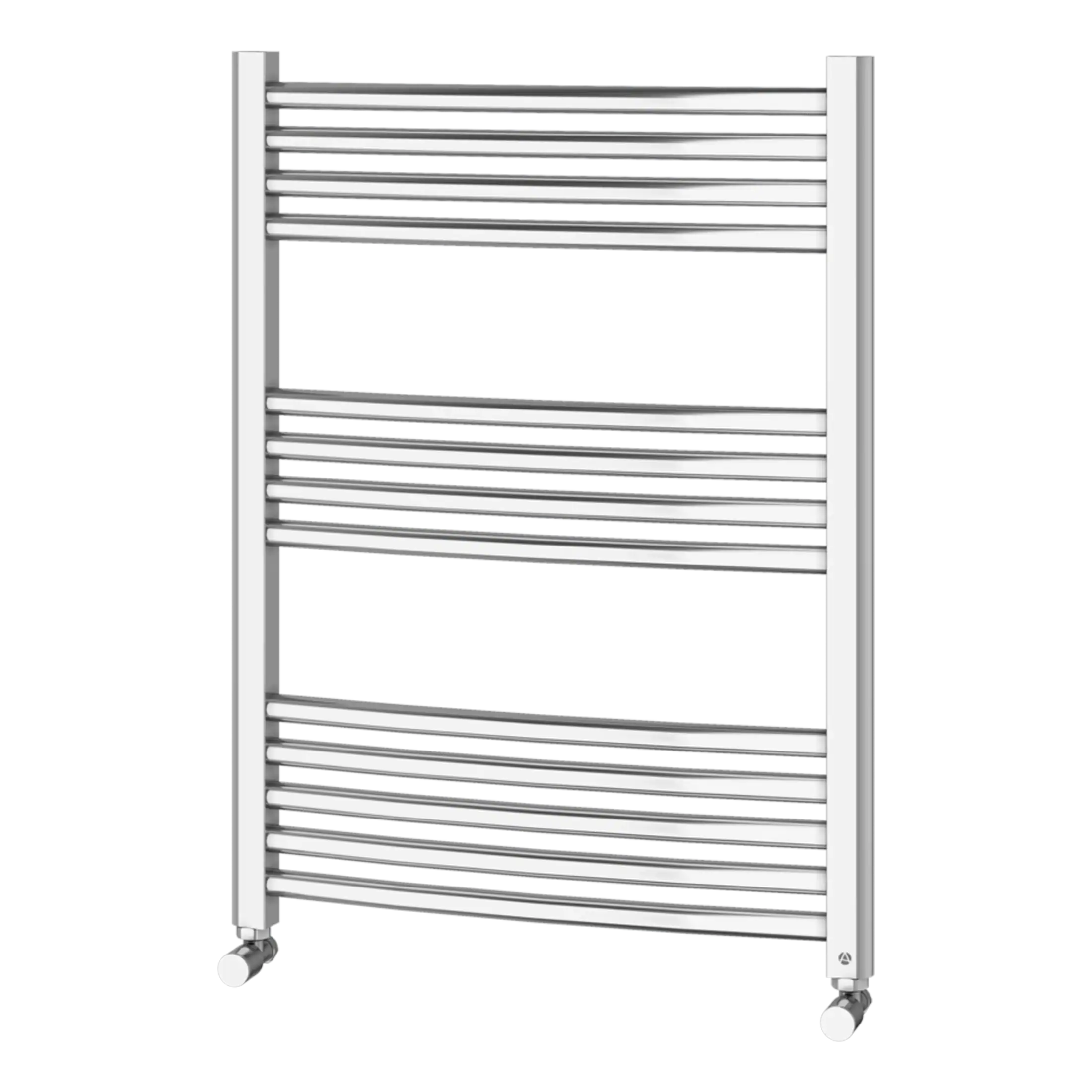 Sleek silver heated towel rail with multiple horizontal bars for drying and warming towels, ideal for modern bathrooms.