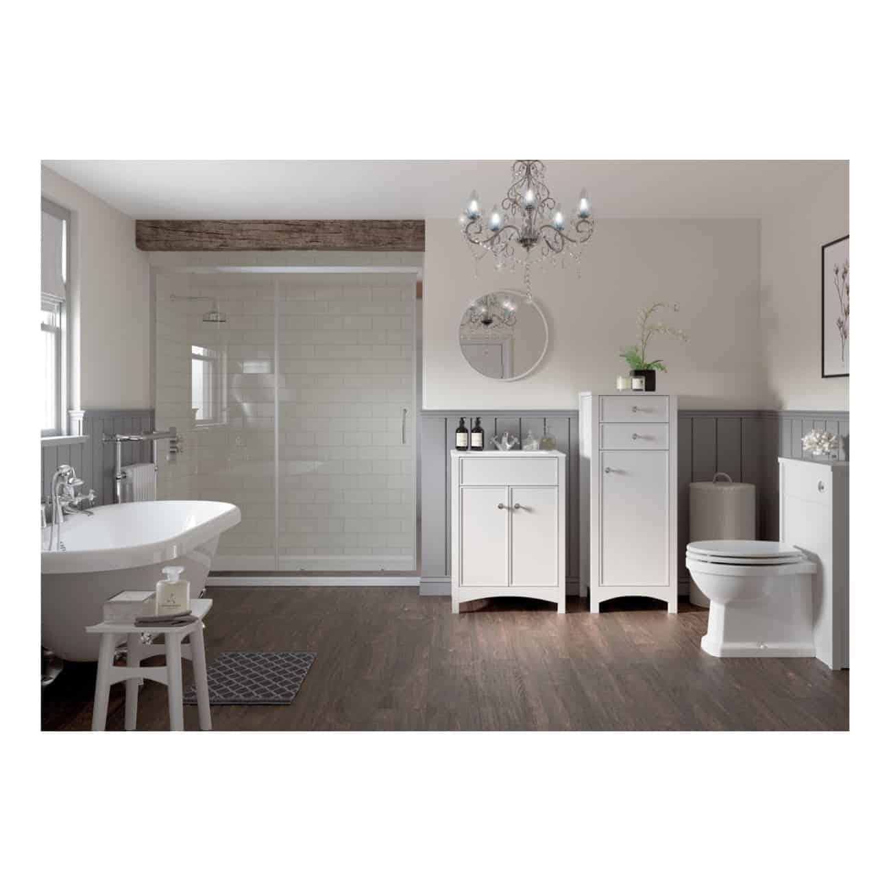 Modern bathroom with freestanding bathtub, walk-in shower, and white fixtures, featuring elegant decor, wooden flooring, and stylish white cabinets for a luxurious and serene bathroom setting.