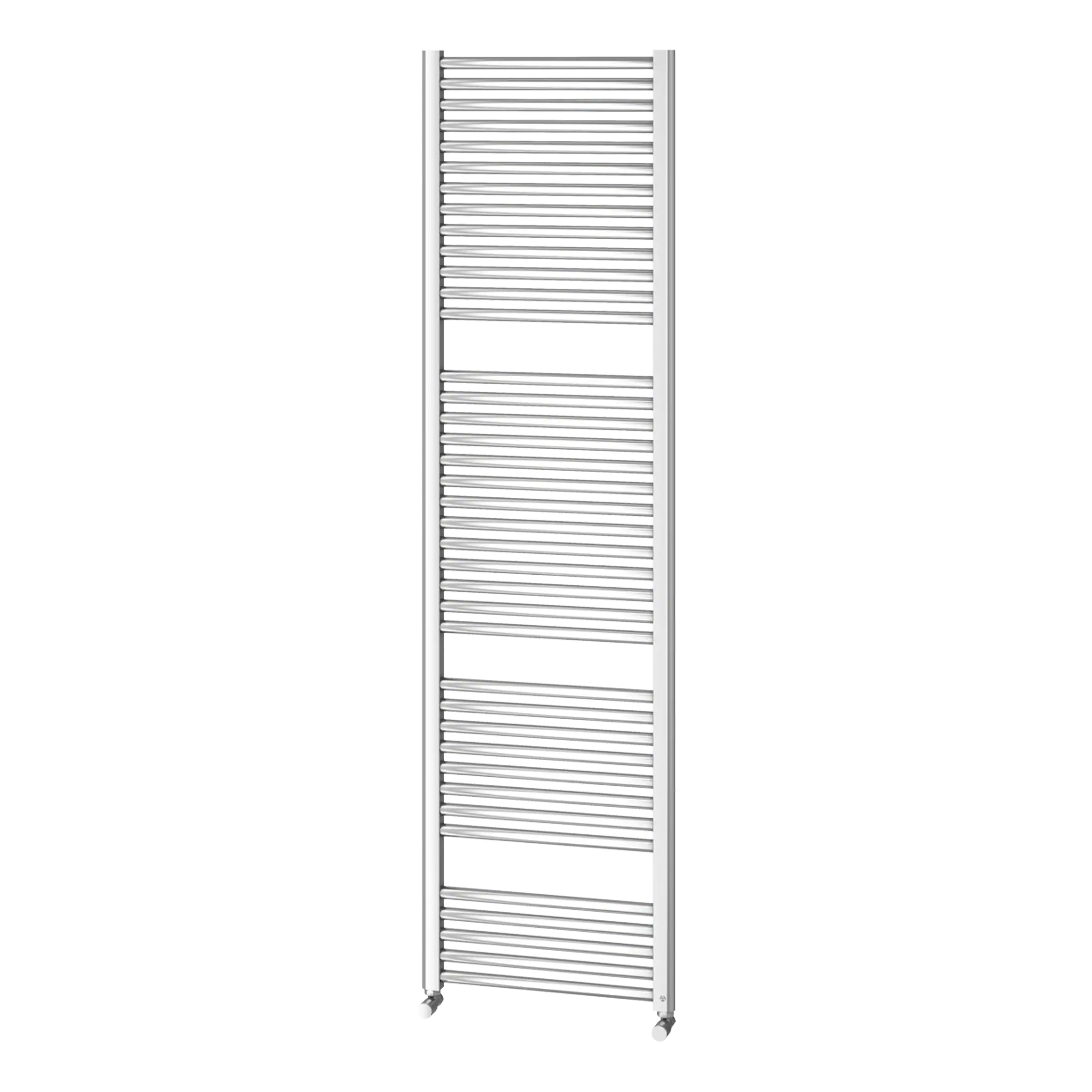 Chrome heated towel rail for bathroom heating and drying linens, modern towel radiator design, durable metal construction, sleek vertical style for contemporary bathrooms.