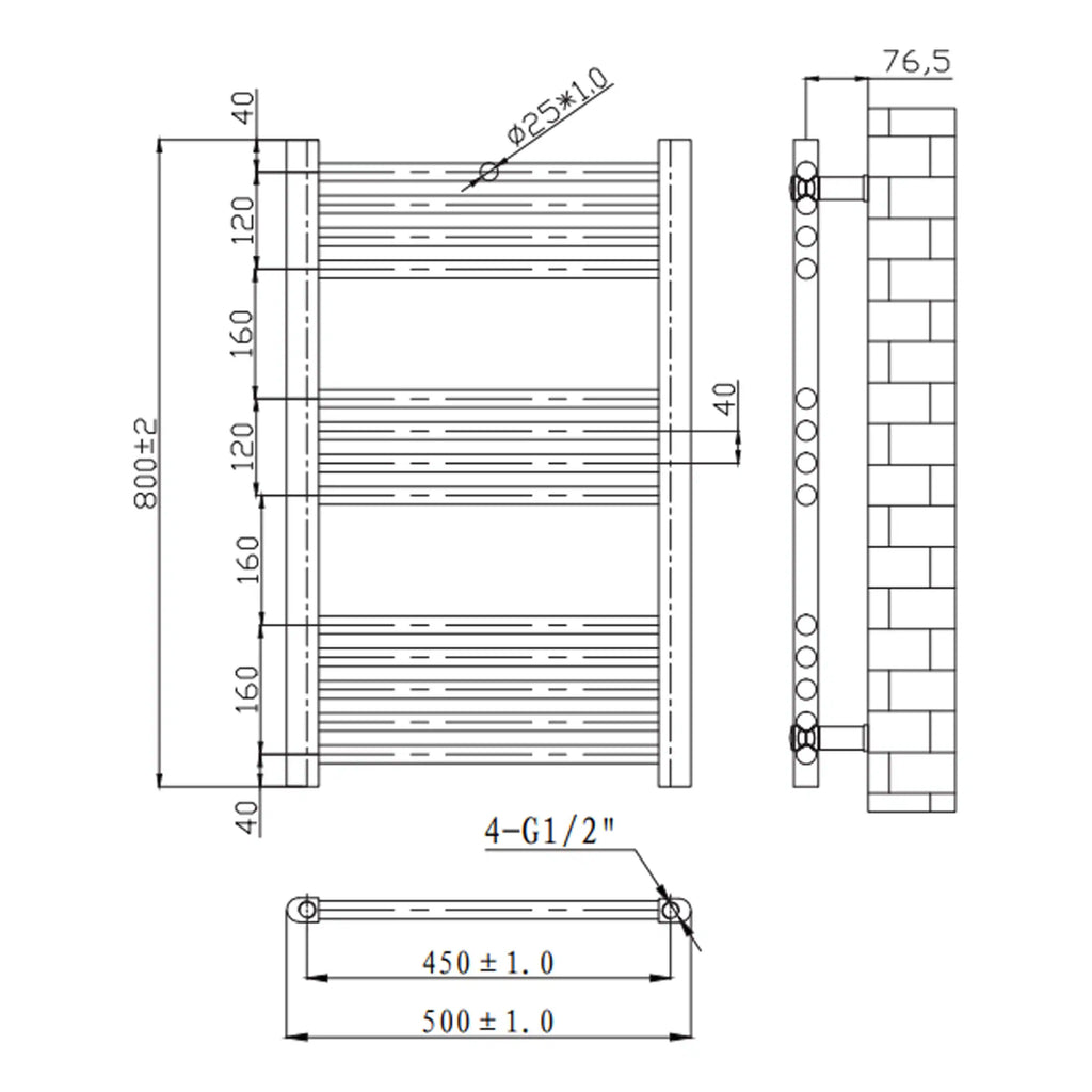 High-quality bathroom radiator with detailed technical schematics, modern design, and durable finish, ideal for heating and towel drying in contemporary bathrooms.