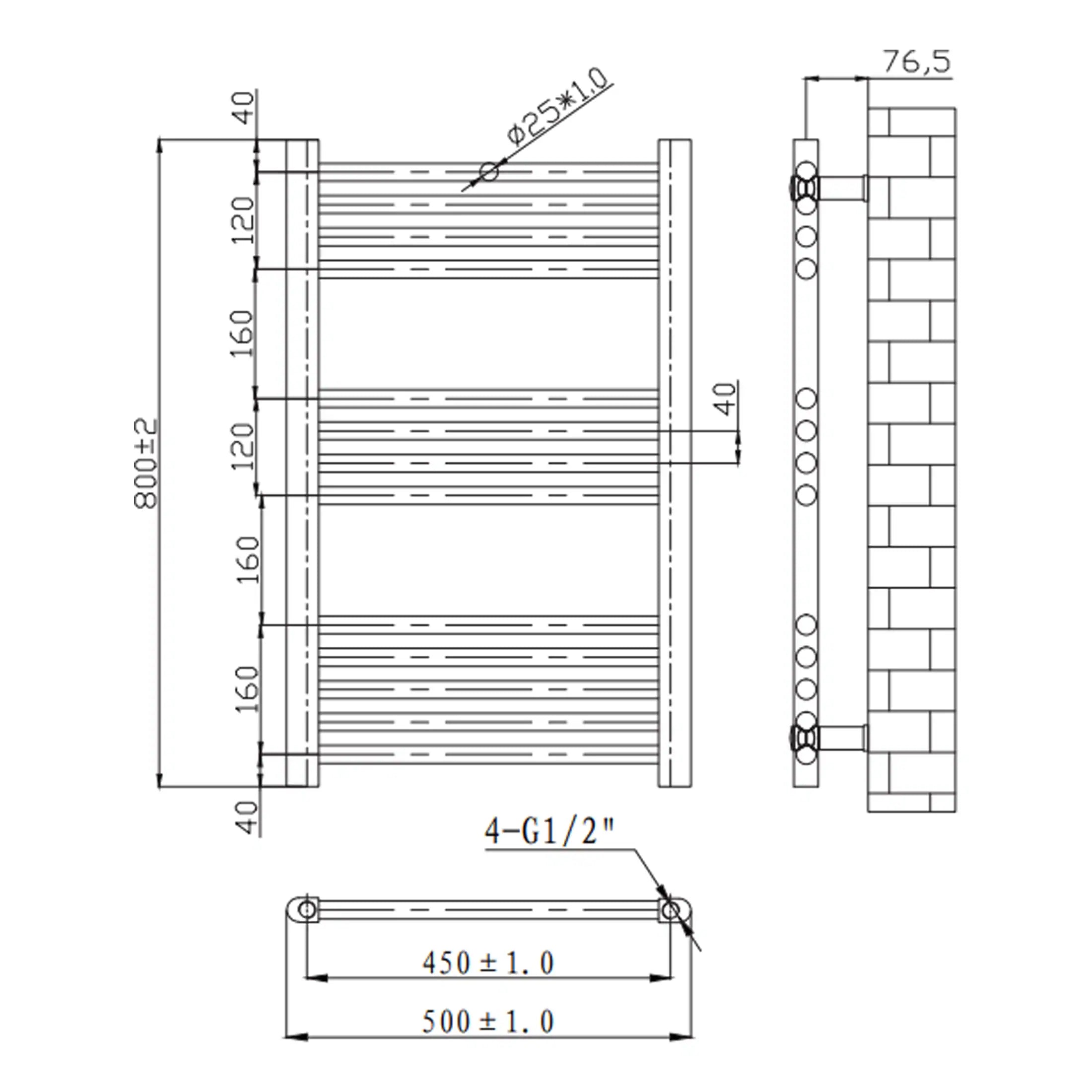 High-quality bathroom radiator with detailed technical schematics, modern design, and durable finish, ideal for heating and towel drying in contemporary bathrooms.