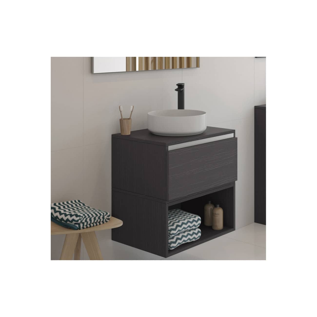 Contemporary bathroom vanity with a black wood finish, round white vessel sink, black matte faucet, and minimalist accessories, ideal for modern bathroom decor.