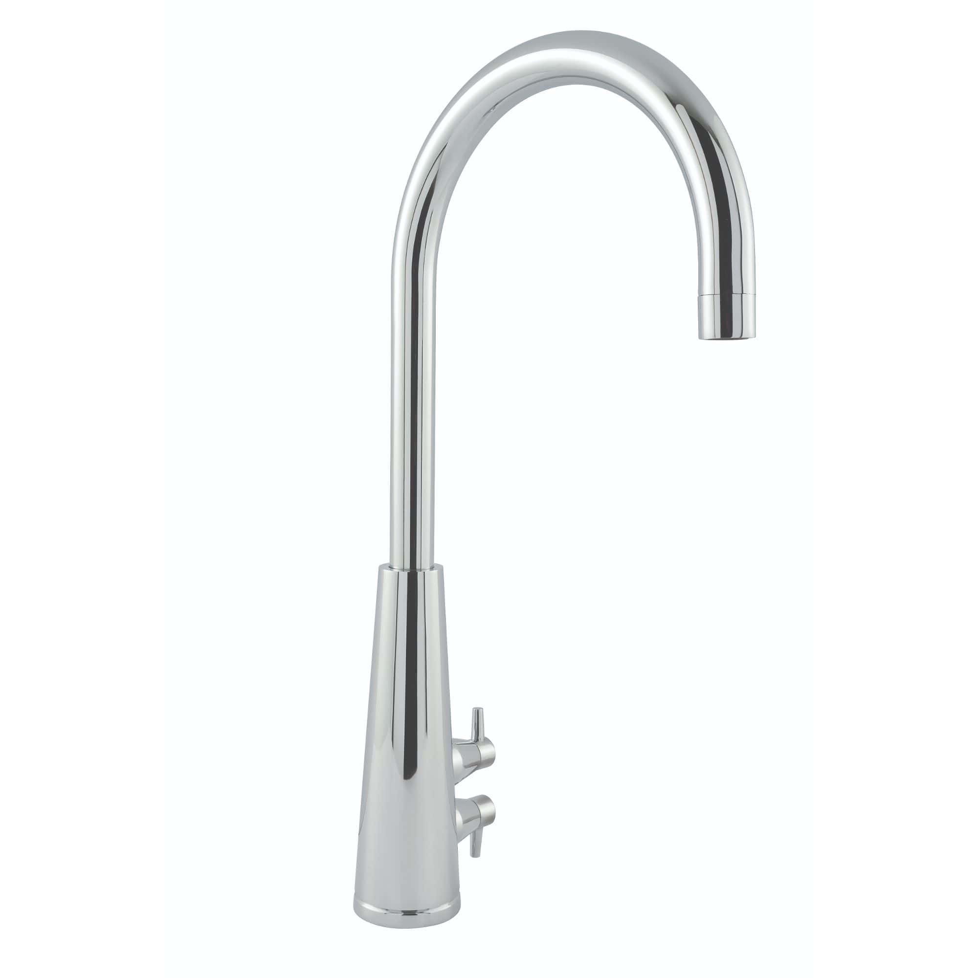 Sleek chrome kitchen tap with high curved spout and dual control handles, perfect for modern kitchen sinks and appliance compatibility.