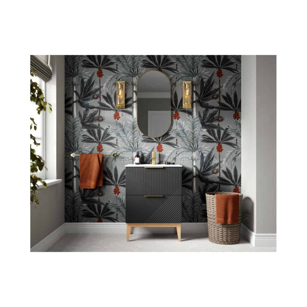 Luxurious bathroom featuring a modern black vanity with gold accents, tropical palm leaf wallpaper with red floral details, stylish mirror, warm lighting, and cozy wicker basket with rust-coloured towels, creating a chic and vibrant bathroom interior.