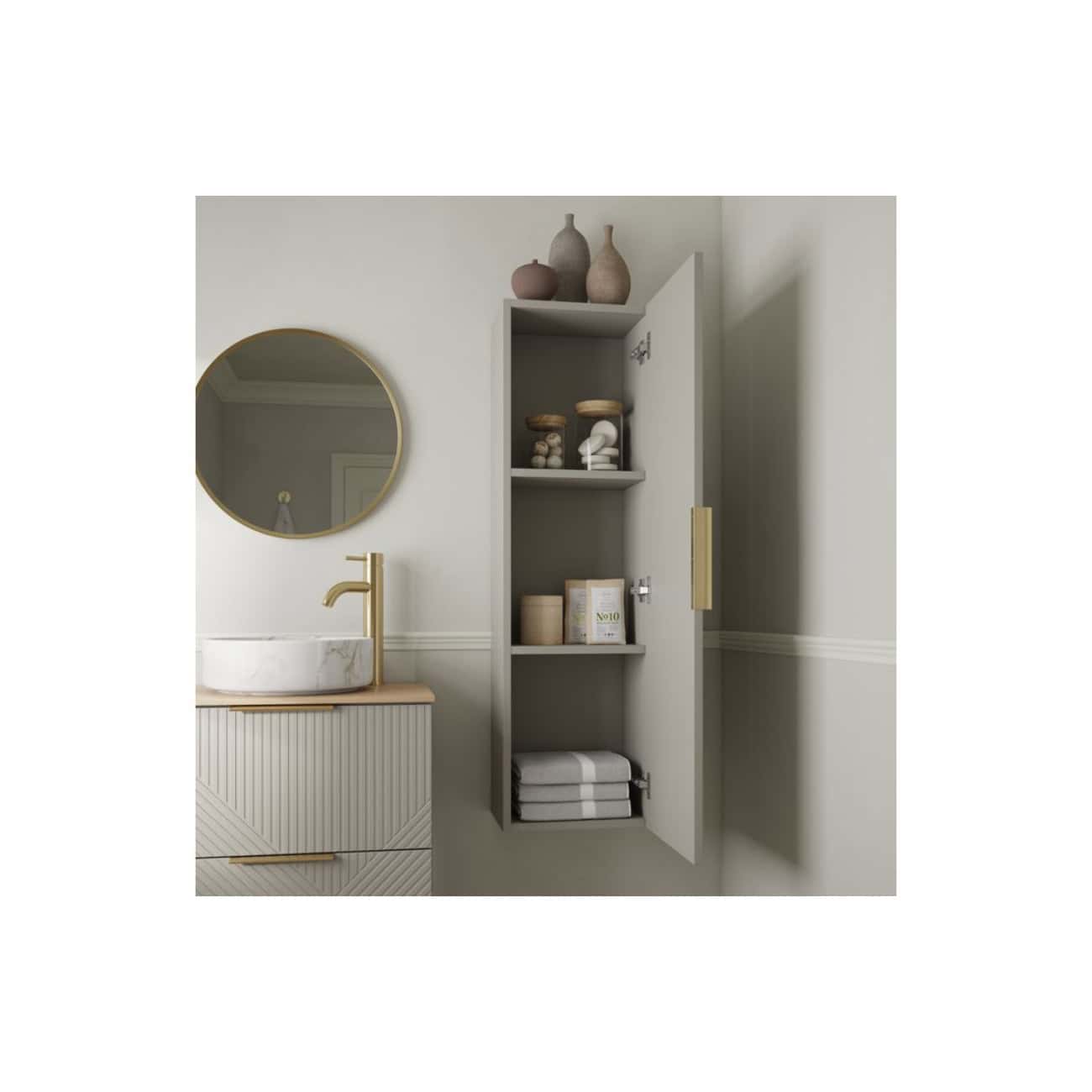 Elegant modern bathroom storage with a tall grey cabinet, neatly organising towels and toiletries, complemented by a stylish marble sink vanity and gold fixtures for a luxurious bathroom look.
