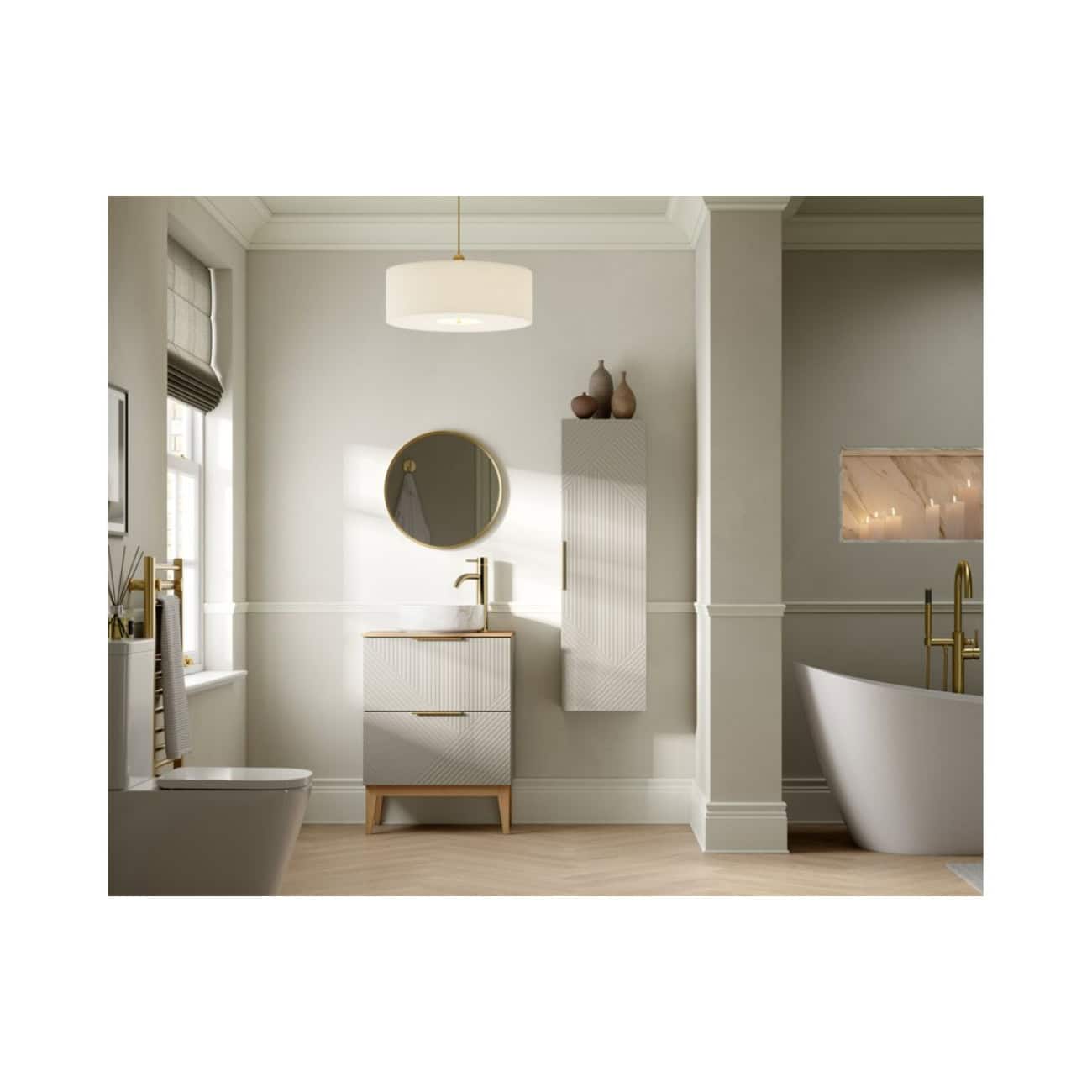 Sleek modern bathroom featuring a freestanding bathtub, elegant vanity with gold fixtures, minimalist mirror, and neutral tones for a luxurious and tranquil space.