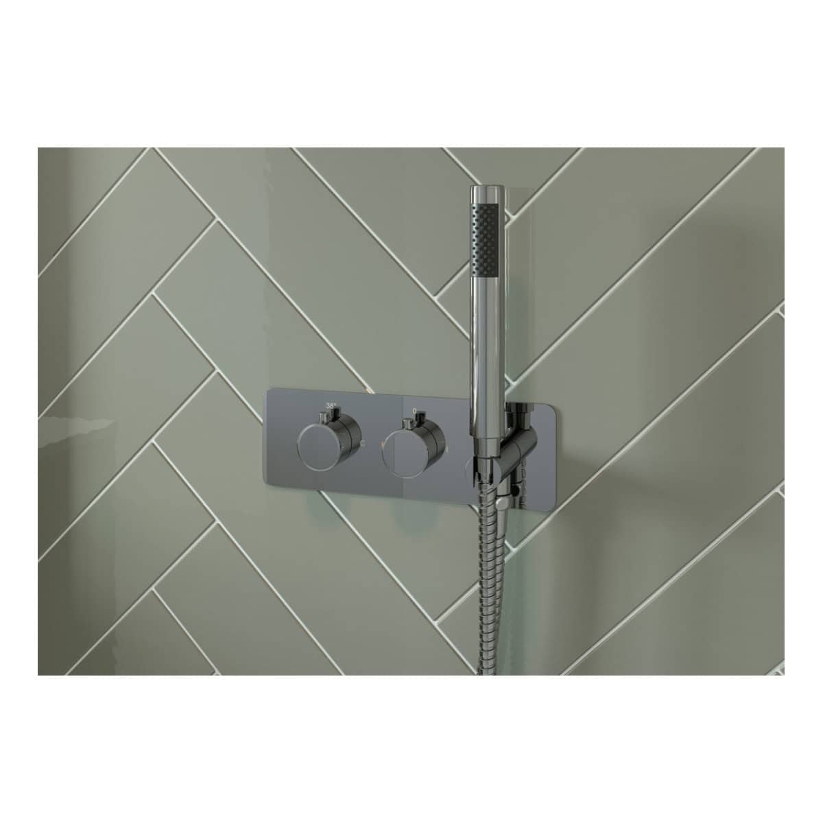 Shower mixer with dual temperature controls and handheld showerhead mounted on grey tiled wall. Perfect for modern bathroom upgrades and customised shower experiences.