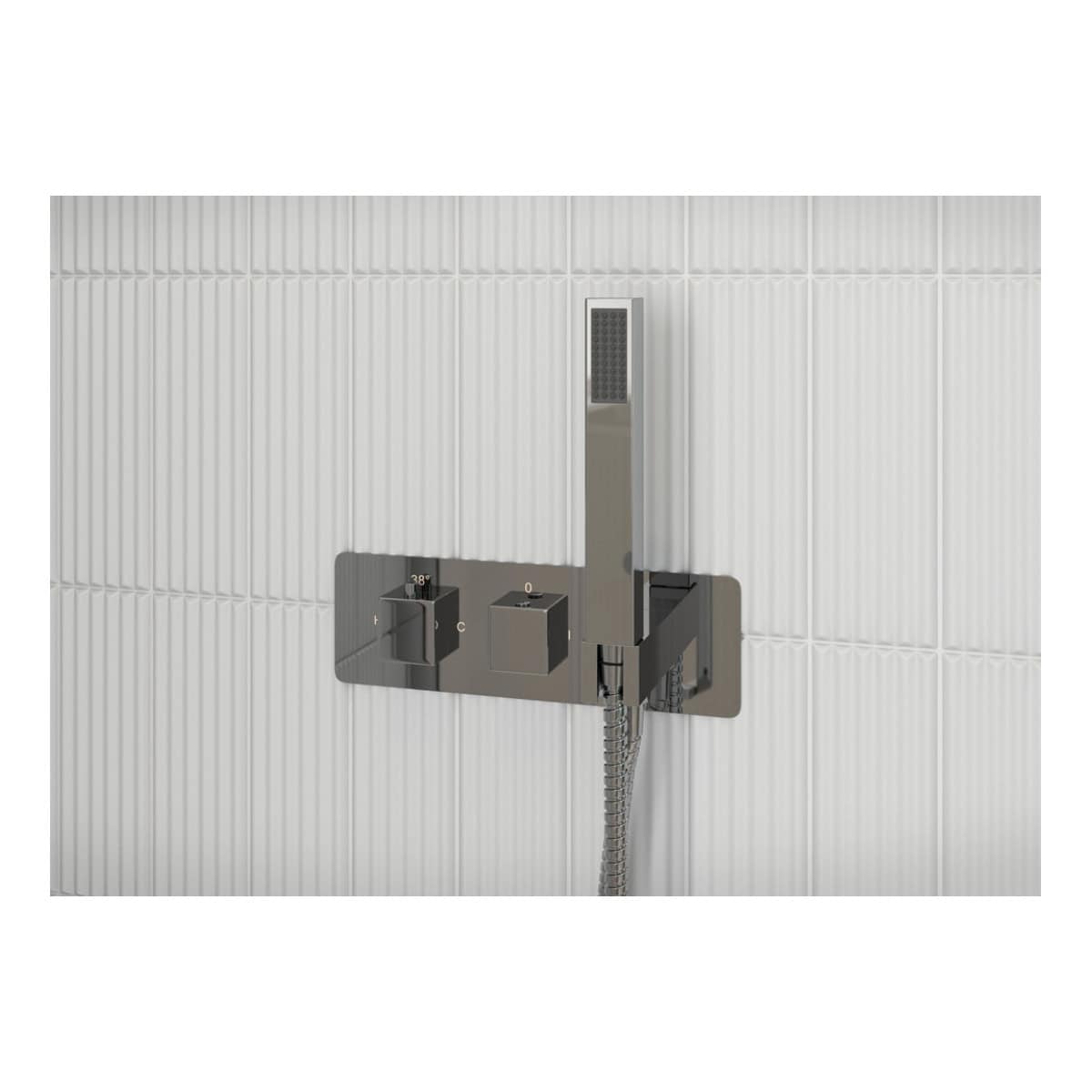 Modern stainless steel bathroom shower mixer with overhead shower head, digital temperature controls, and sleek design, perfect for contemporary Bubly Bathrooms installations.