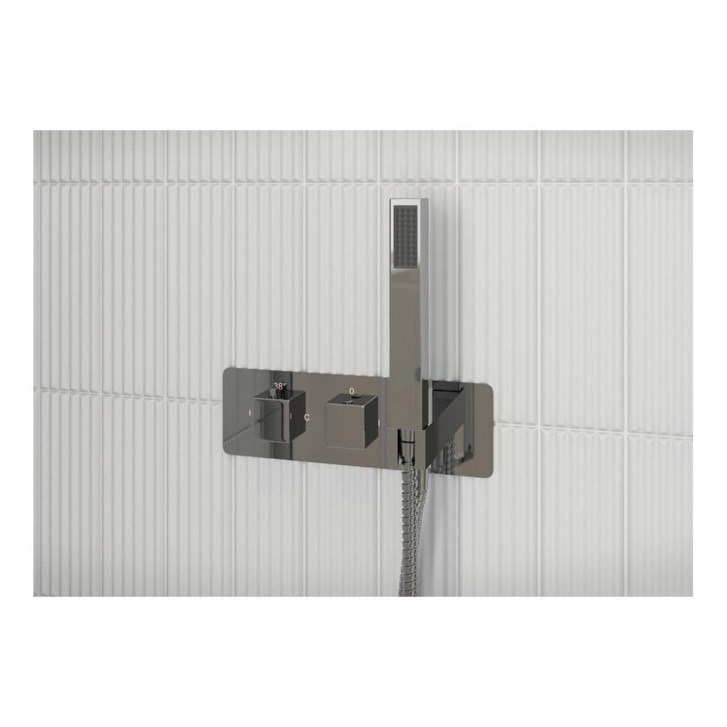 Modern stainless steel bathroom shower mixer with overhead shower head, digital temperature controls, and sleek design, perfect for contemporary Bubly Bathrooms installations.