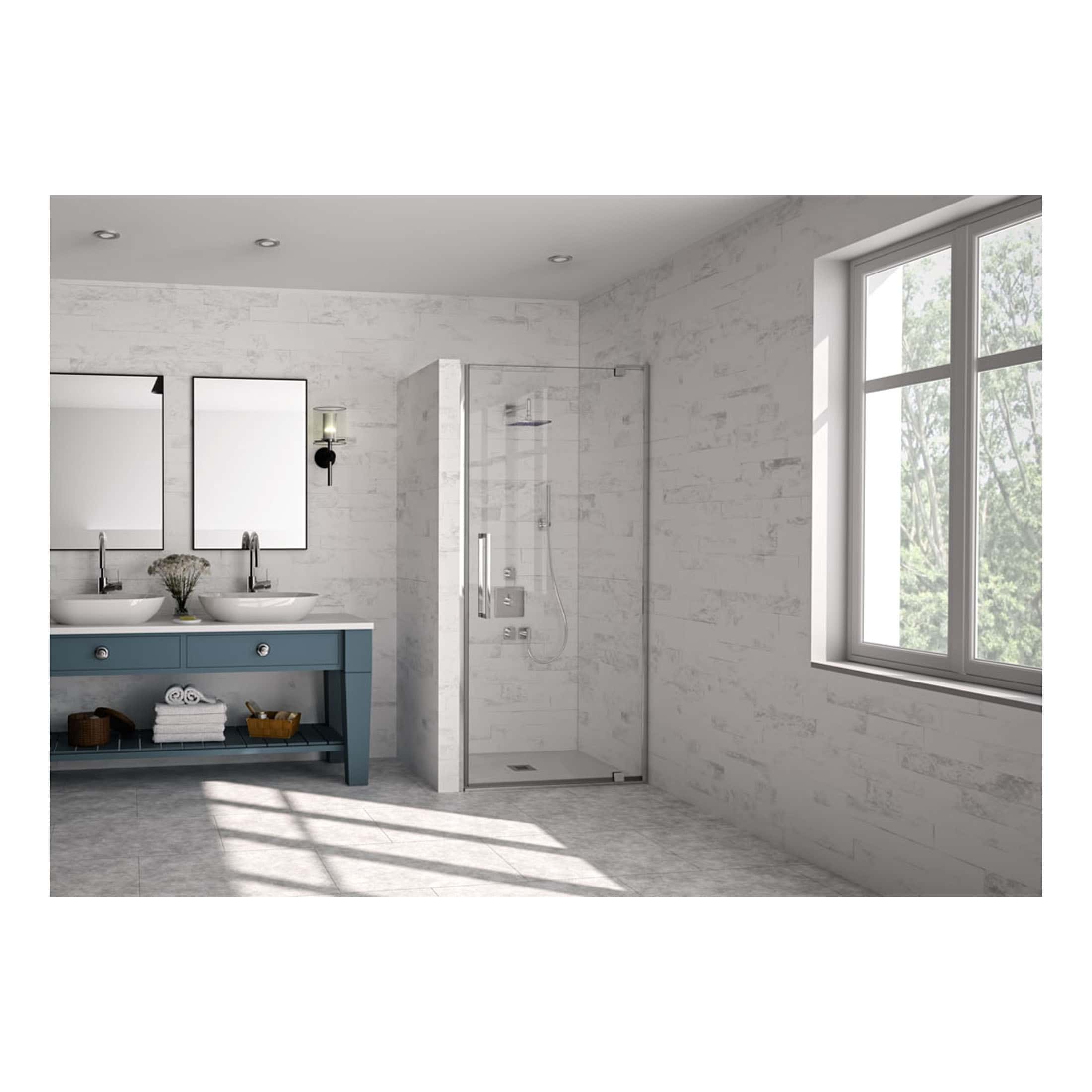 Elegant modern bathroom featuring a spacious walk-in shower, double basin vanity with sleek mirrors, and large window with natural light, designed for style and functionality.