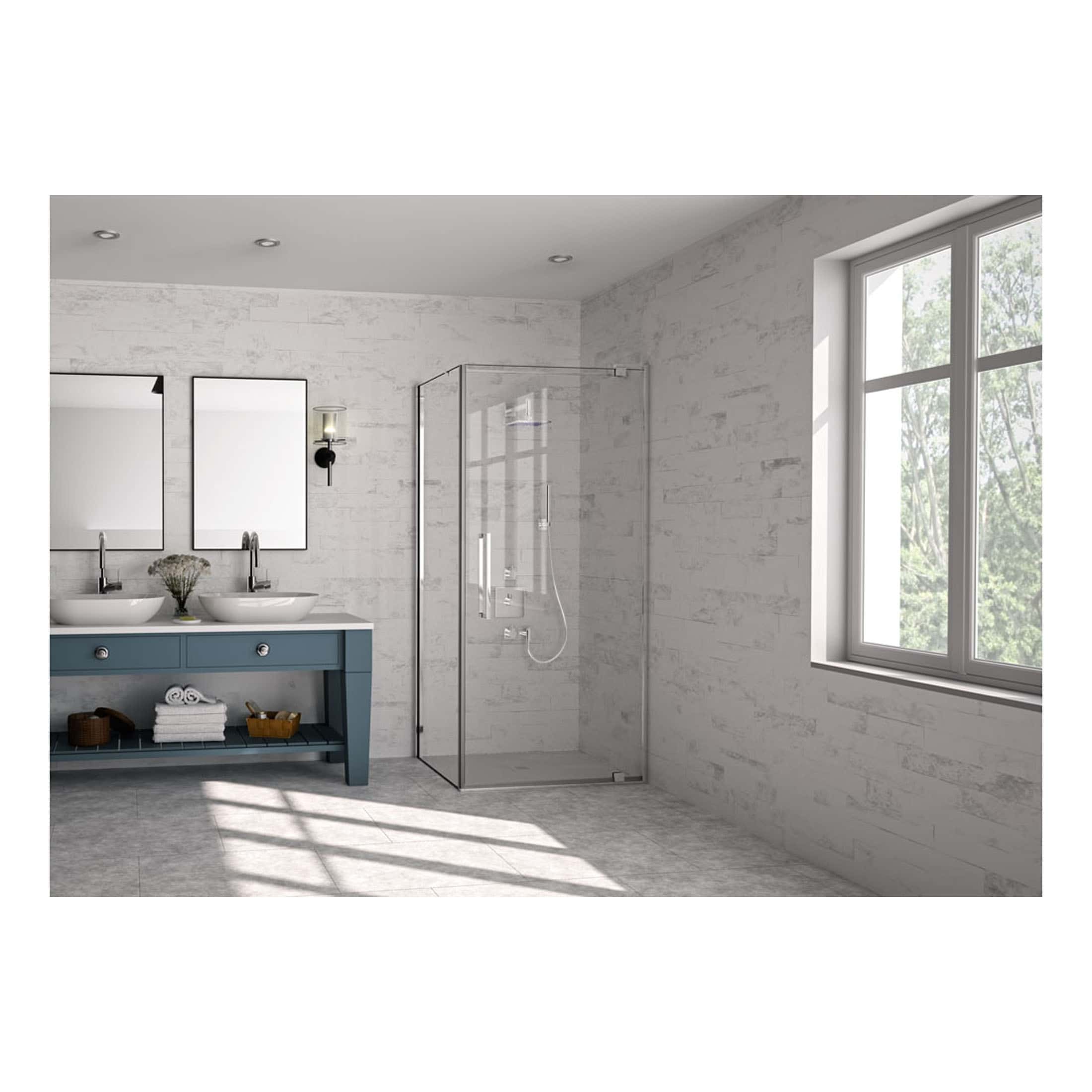 Modern bathroom with dual sinks, white vessel basins, sleek blue vanity, glass-enclosed shower, and large window for natural light, featuring minimalist design and contemporary fixtures for stylish bathroom remodels.