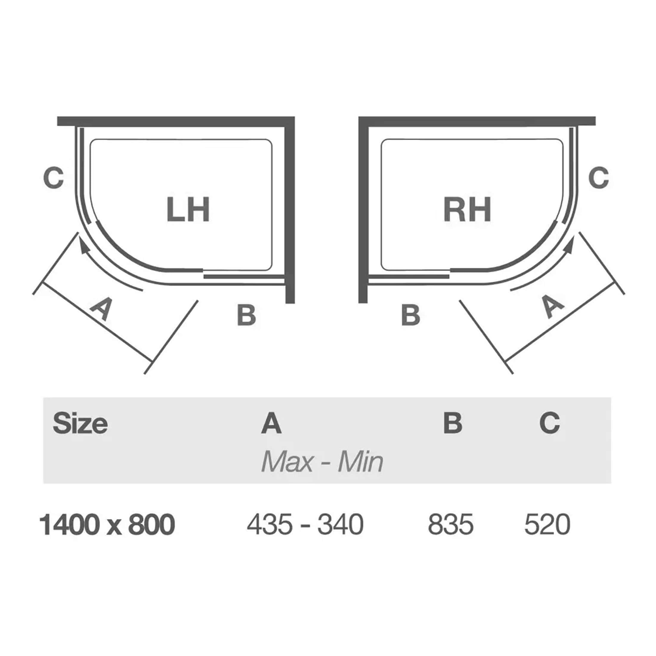 Contemporary shower tray diagram with dimensions for left-hand and right-hand installations, featuring detailed measurements for A, B, and C. Ideal for bathroom design and renovation planning.