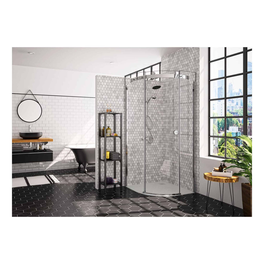 Shower enclosure with glass doors in modern bathroom, black and white subway tiles, freestanding bathtub, sleek vanity with round mirror, natural light from large window, contemporary bathroom design, Bubly Bathrooms UK.