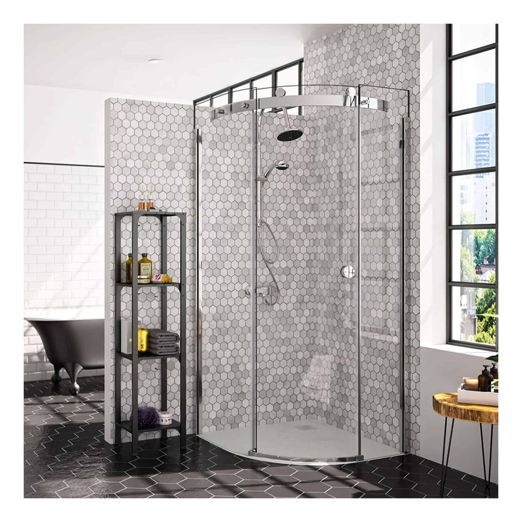 Sleek glass corner shower enclosure with modern chrome hardware and hexagonal wall tiles in a contemporary bathroom setting. Perfect for stylish, functional bathroom renovation projects.