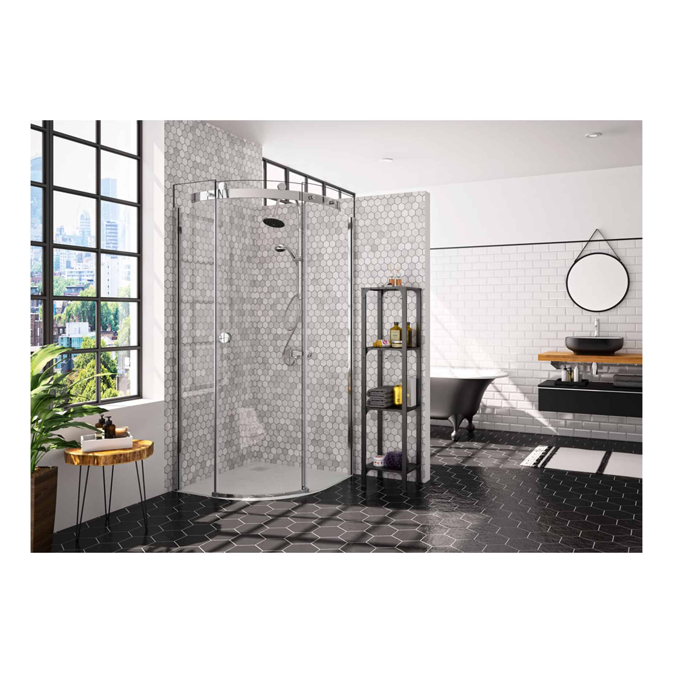 Modern bathroom featuring a stylish curved shower enclosure with clear glass doors, black and white hexagonal tile flooring, and contemporary fixtures for a luxury bathroom look.